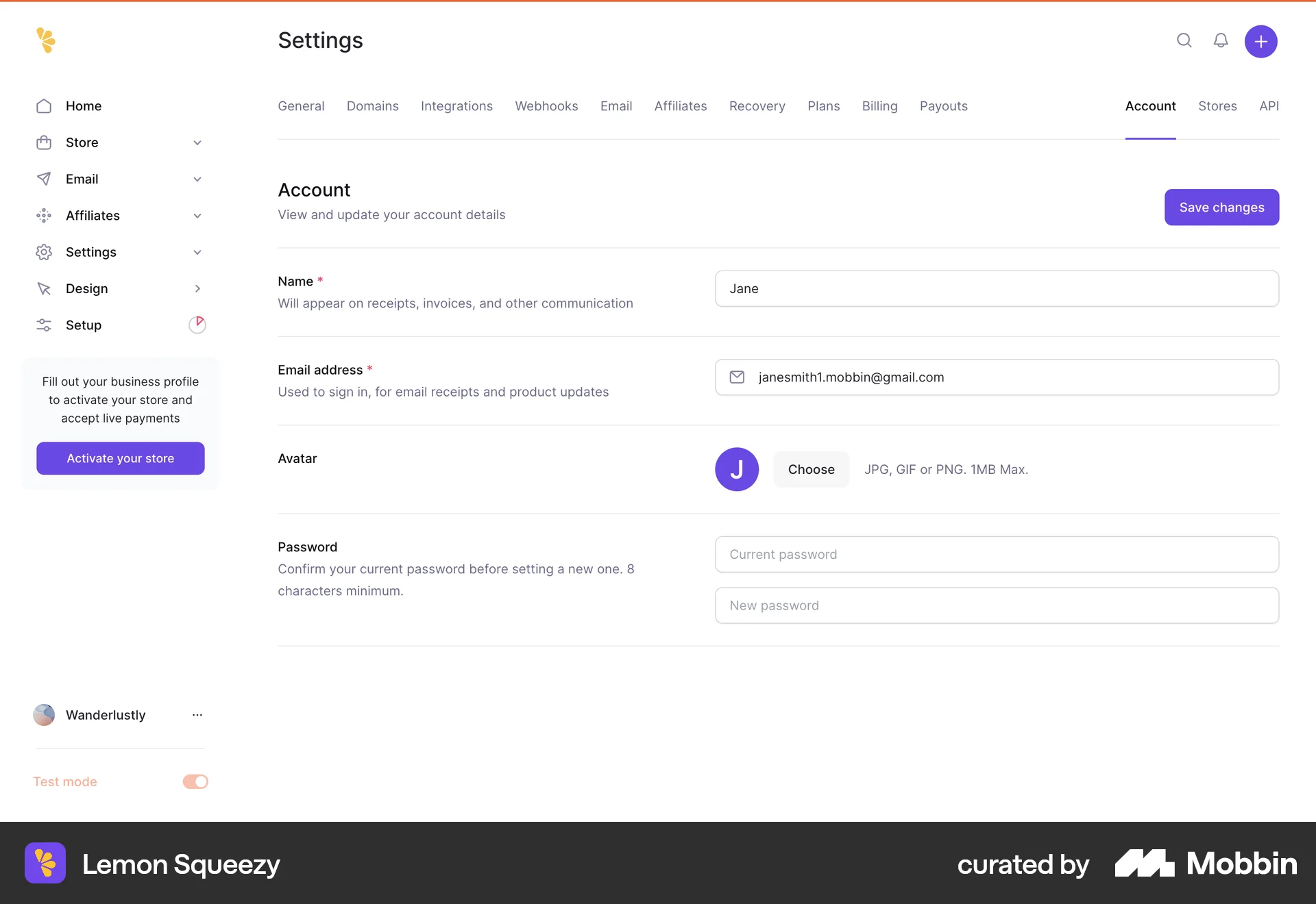 Lemon Squeezy Web My Account & Profile screen