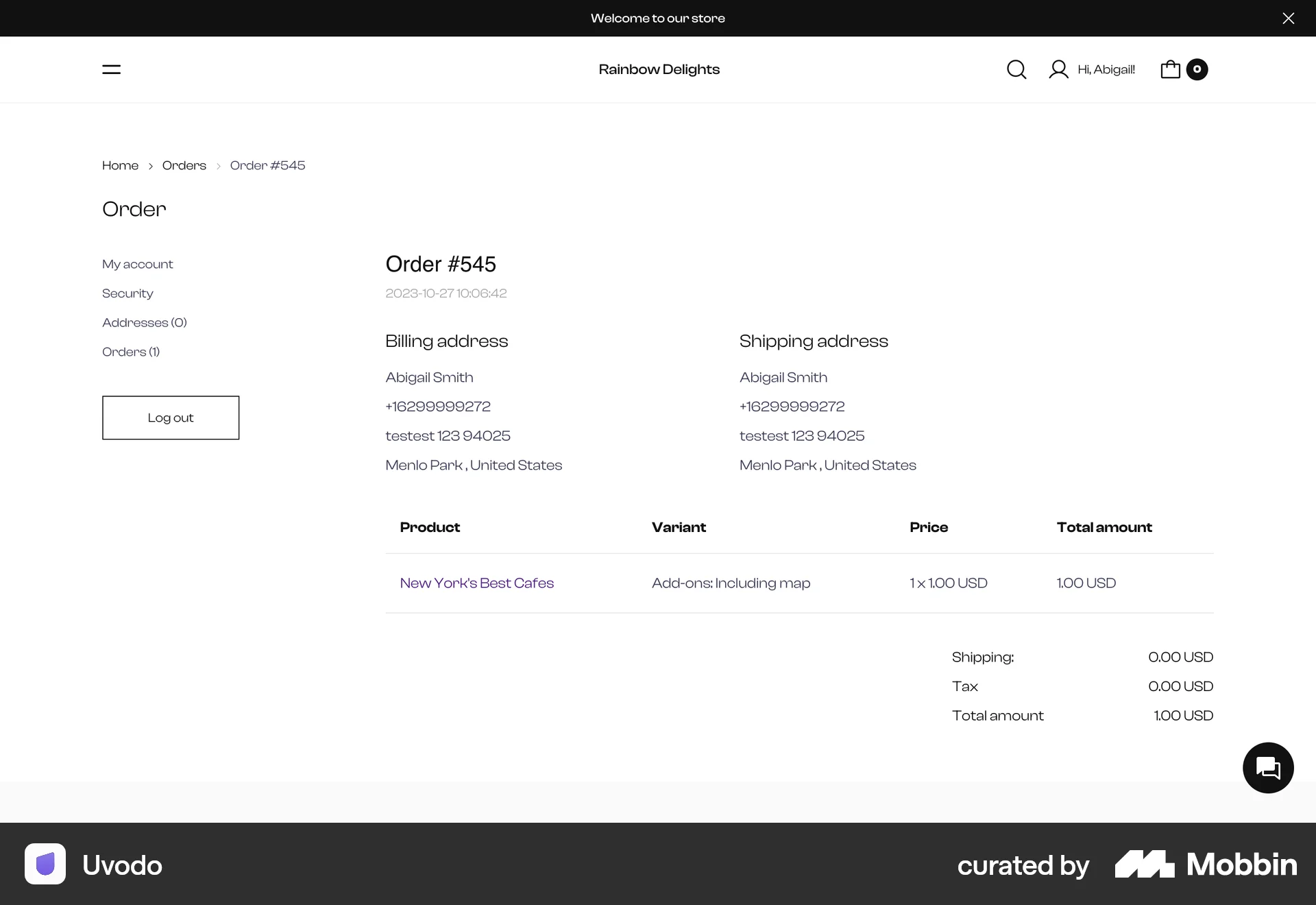 Uvodo Web Order Detail screen