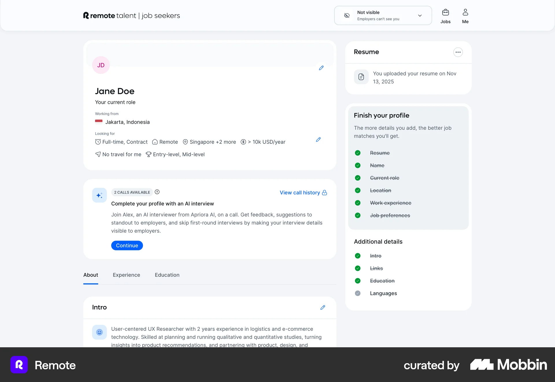 Remote Web My Account & Profile screen