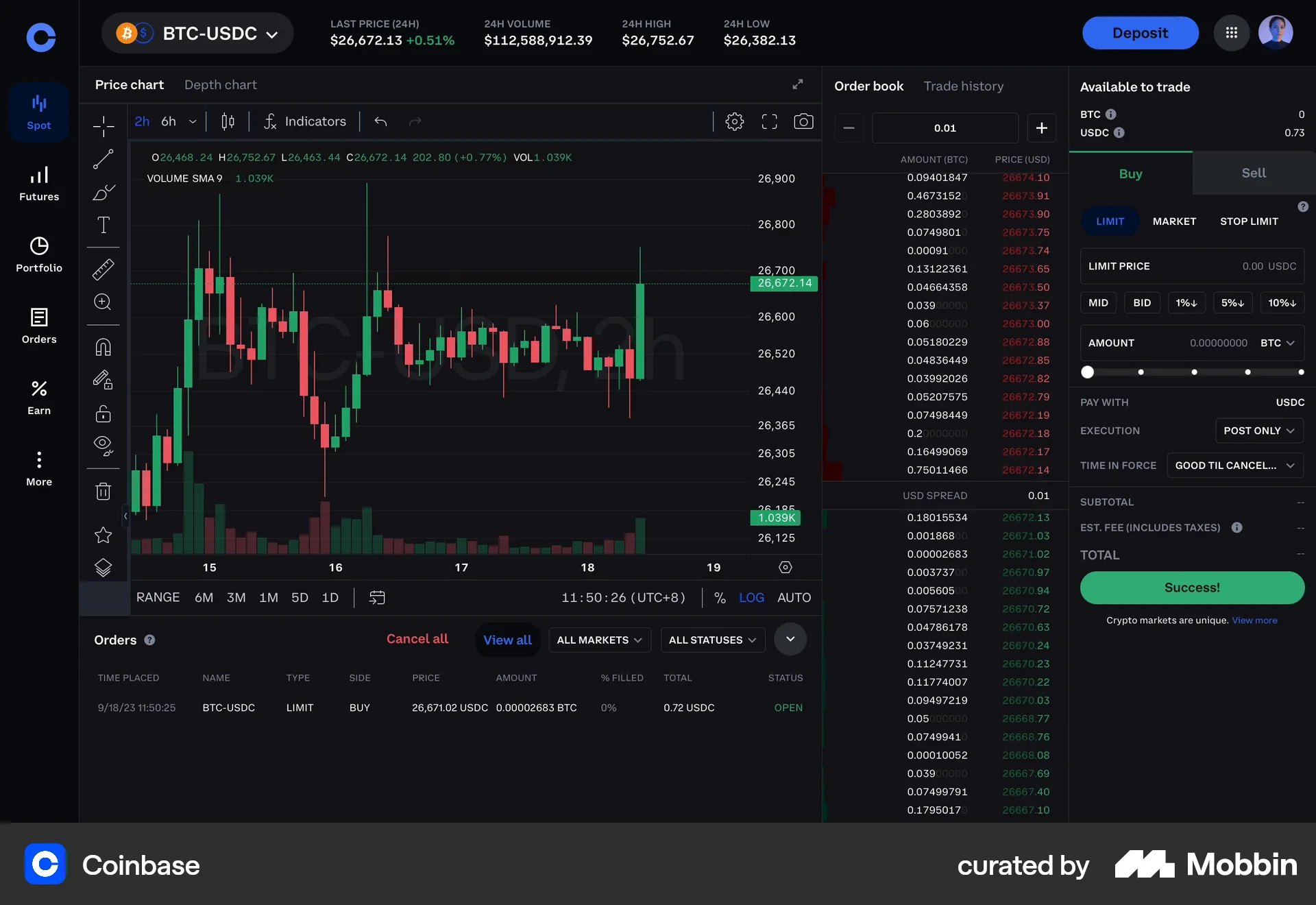 Coinbase Web Order History screen