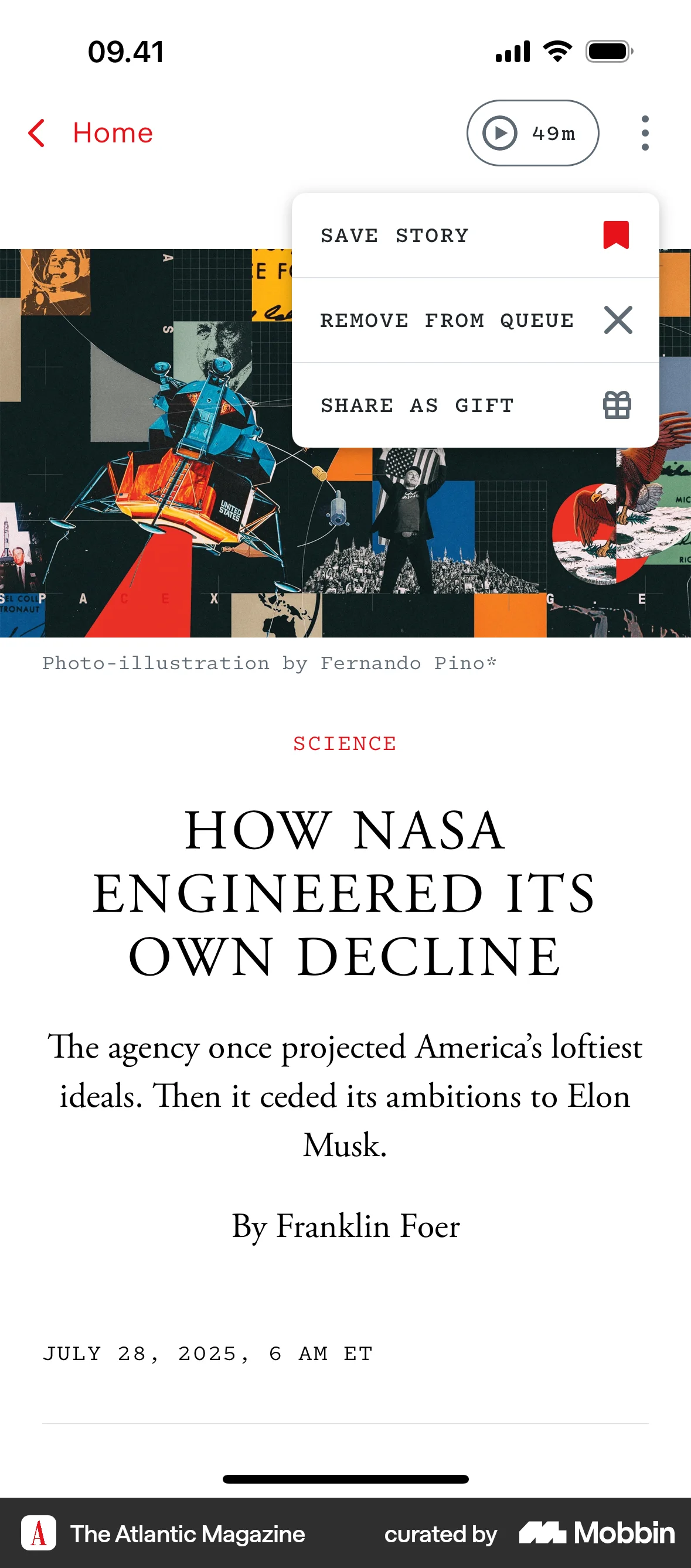 The Atlantic Magazine iOS Action Option screen