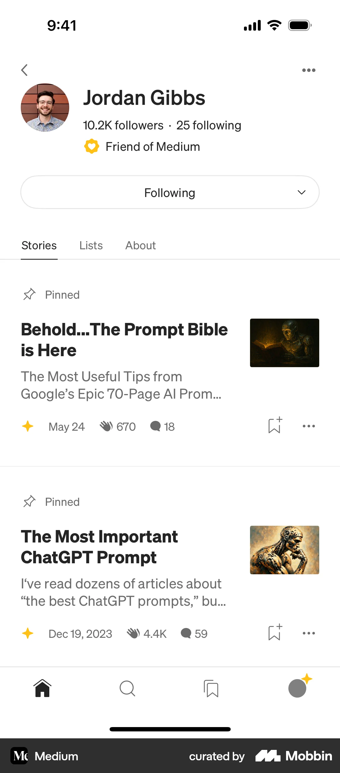 Medium iOS Follow & Subscribe screen