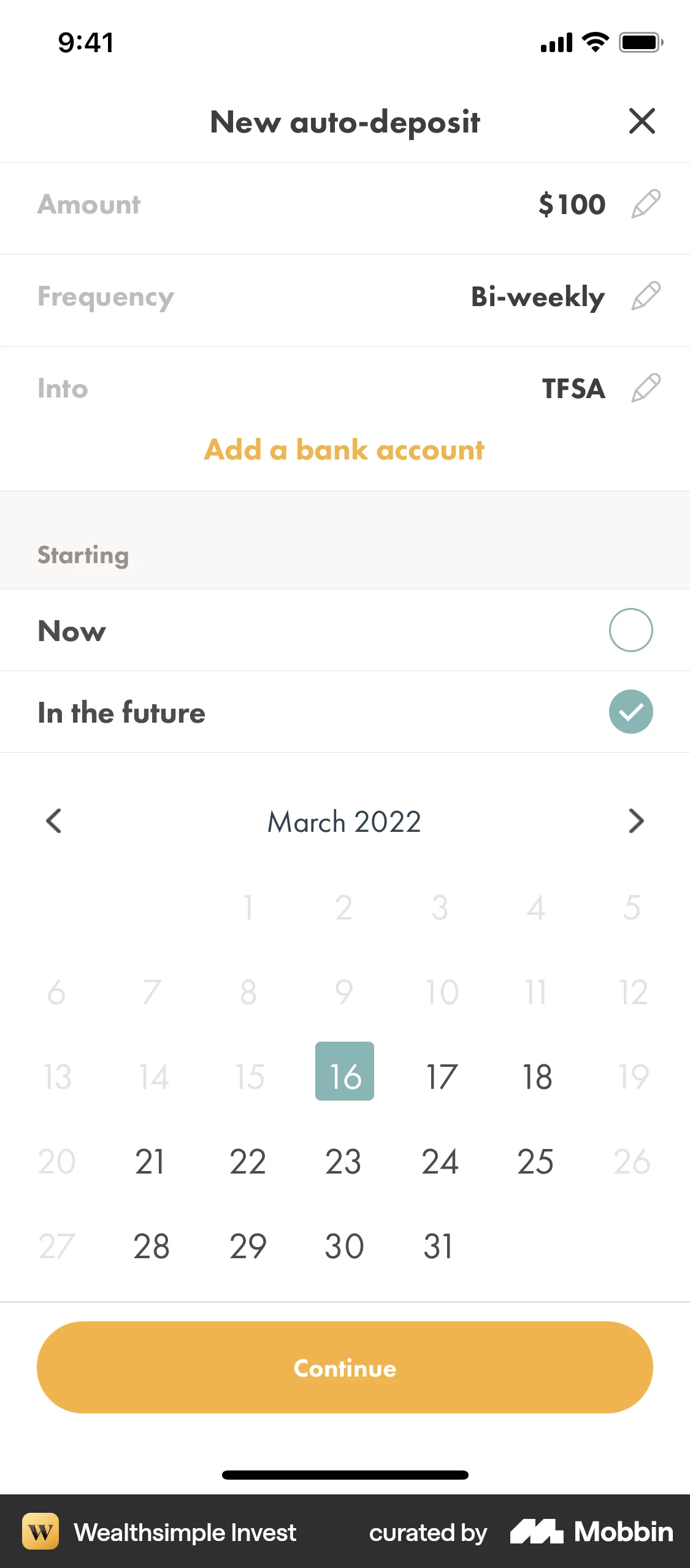 Wealthsimple Invest iOS Calendar screen