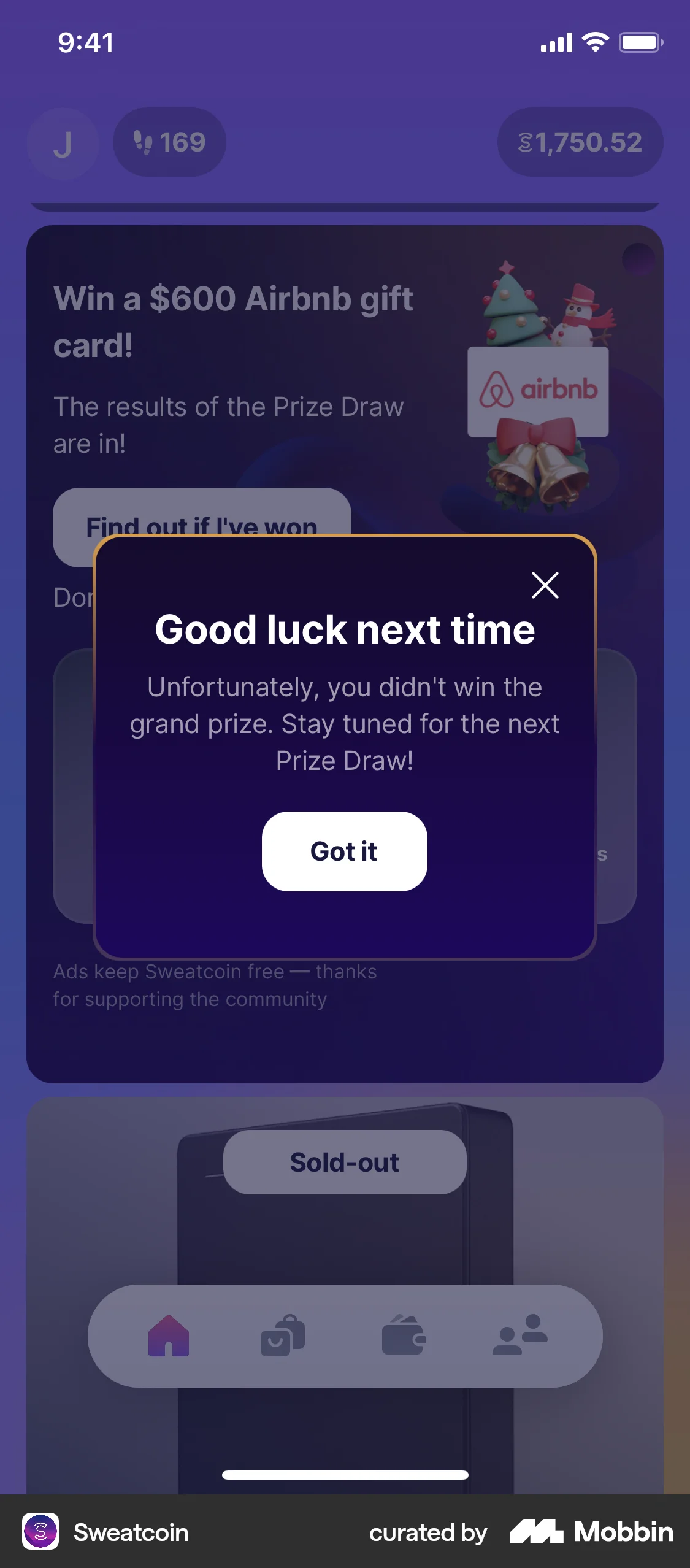 Sweatcoin iOS screen containing Dialog UI element