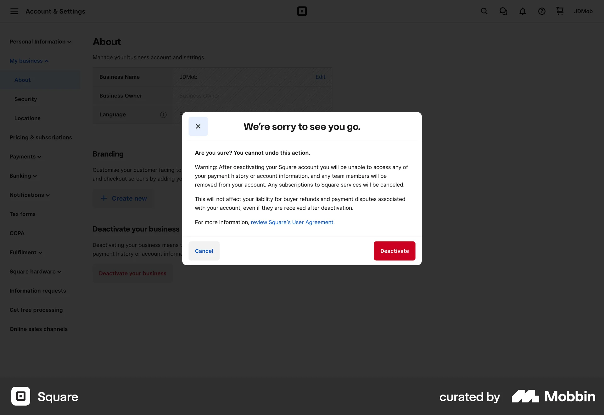 Square Web Delete & Deactivate Account screen