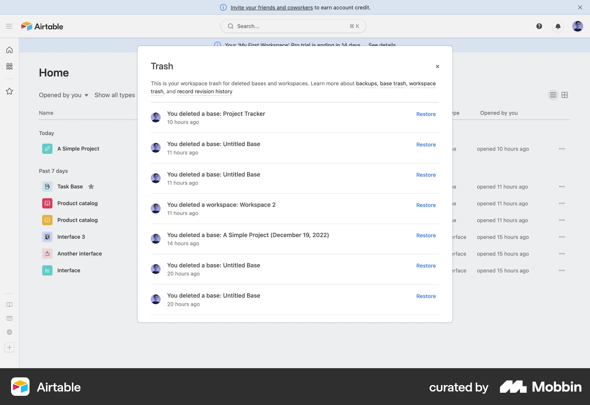 Airtable Web Trash & Archive screen