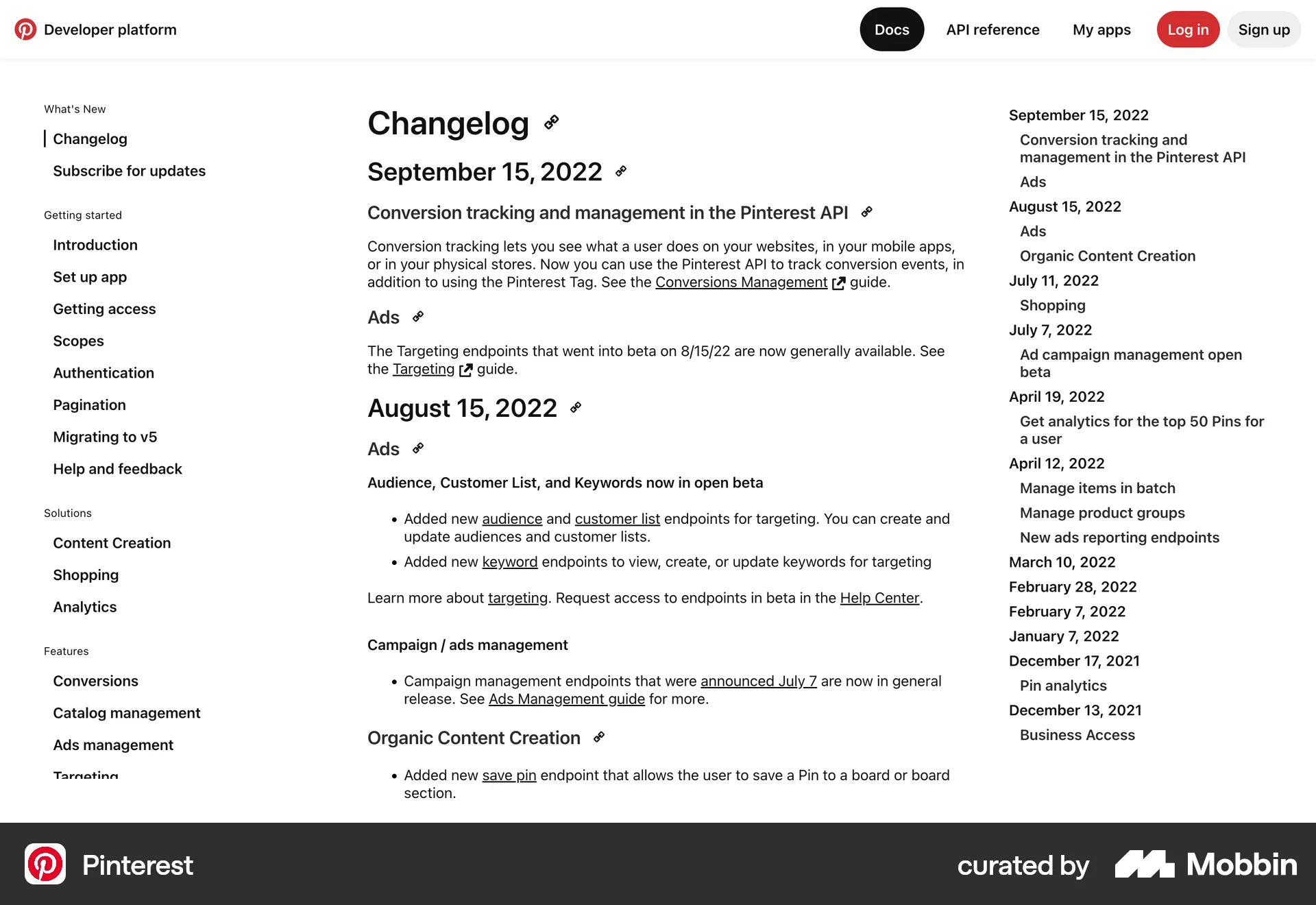Pinterest Web screen containing Table of Contents UI element