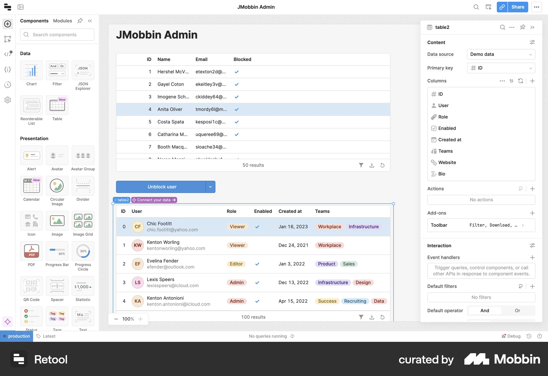 Retool Web screen containing Table UI element