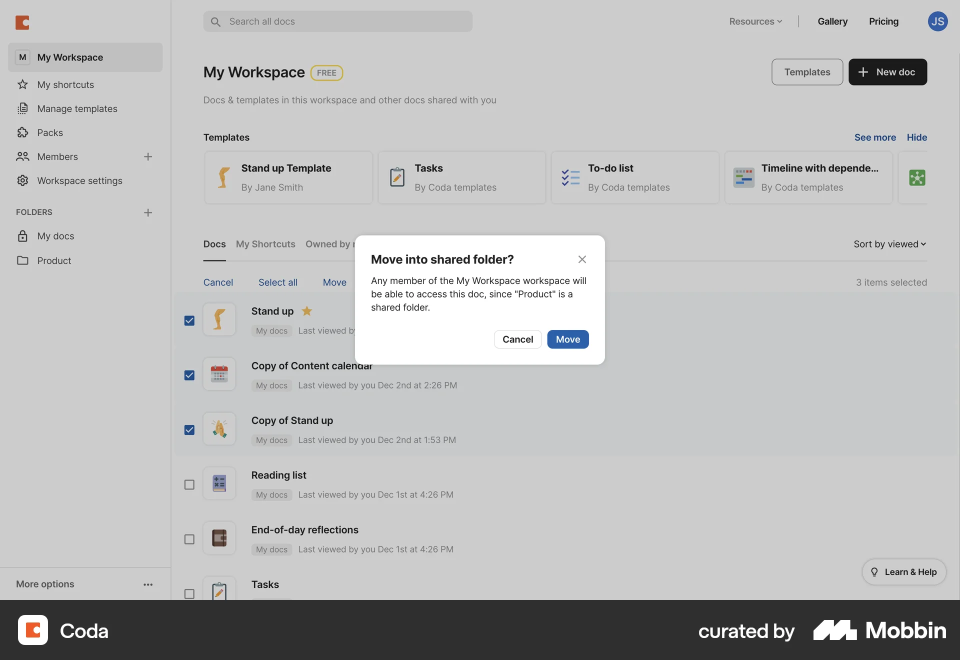 Coda Web Move screen
