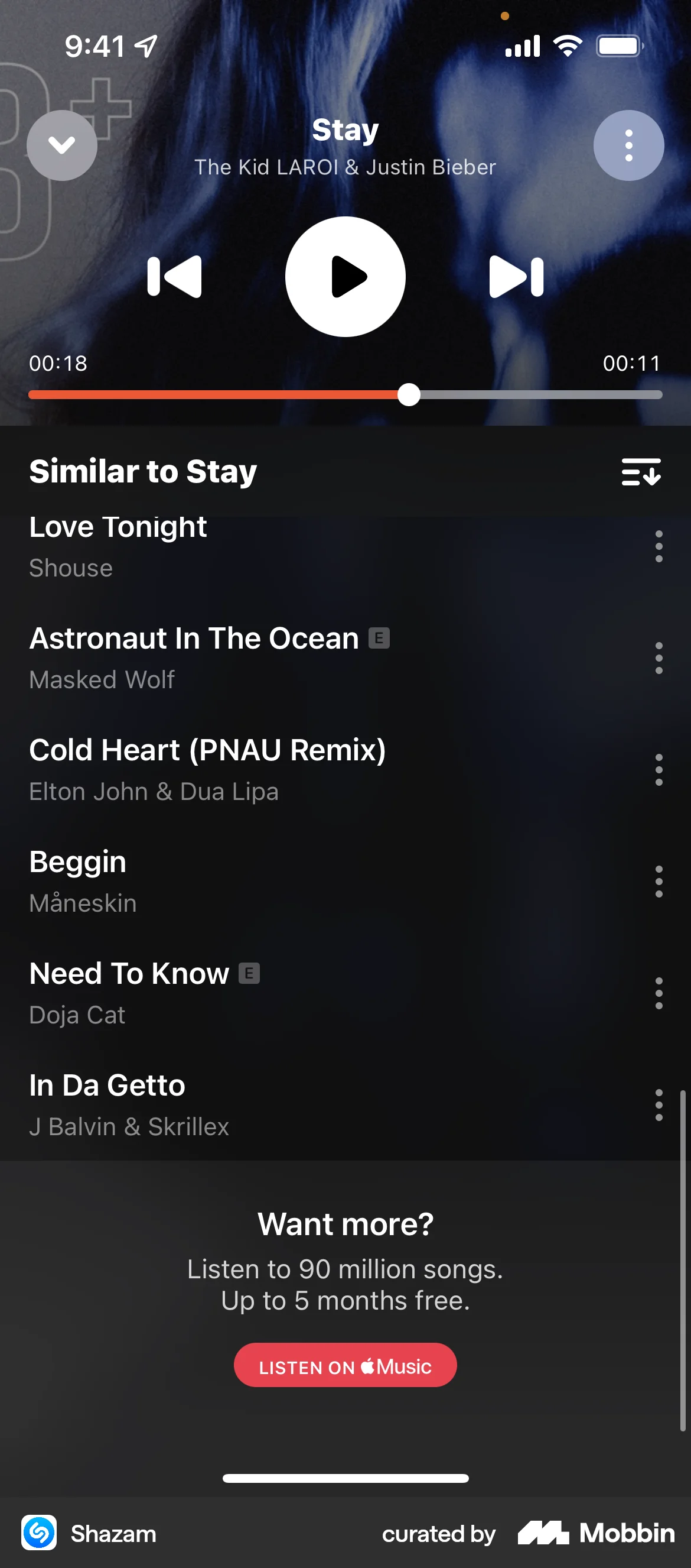 Shazam iOS Audio Player screen