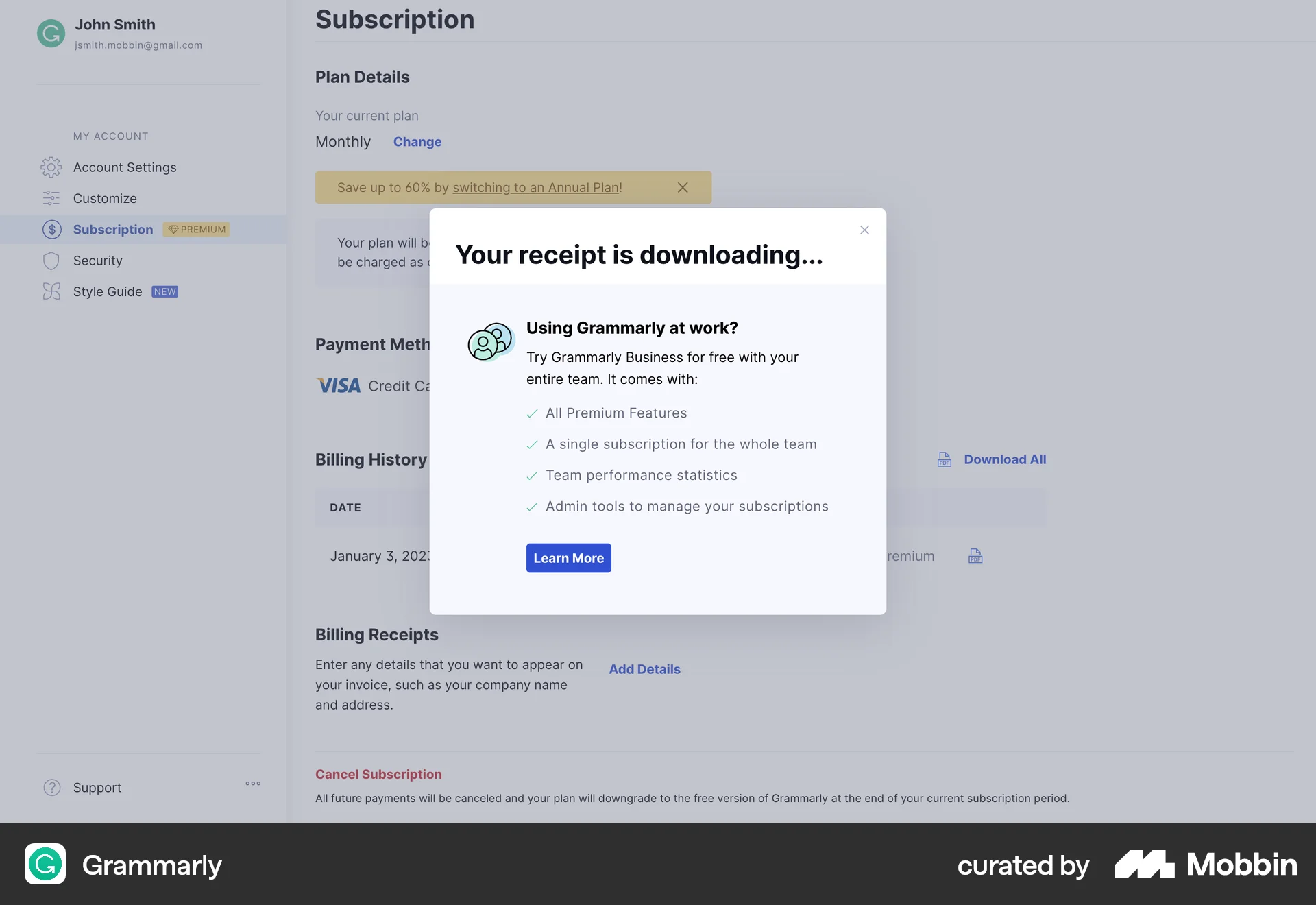 Grammarly Web Feature Info screen