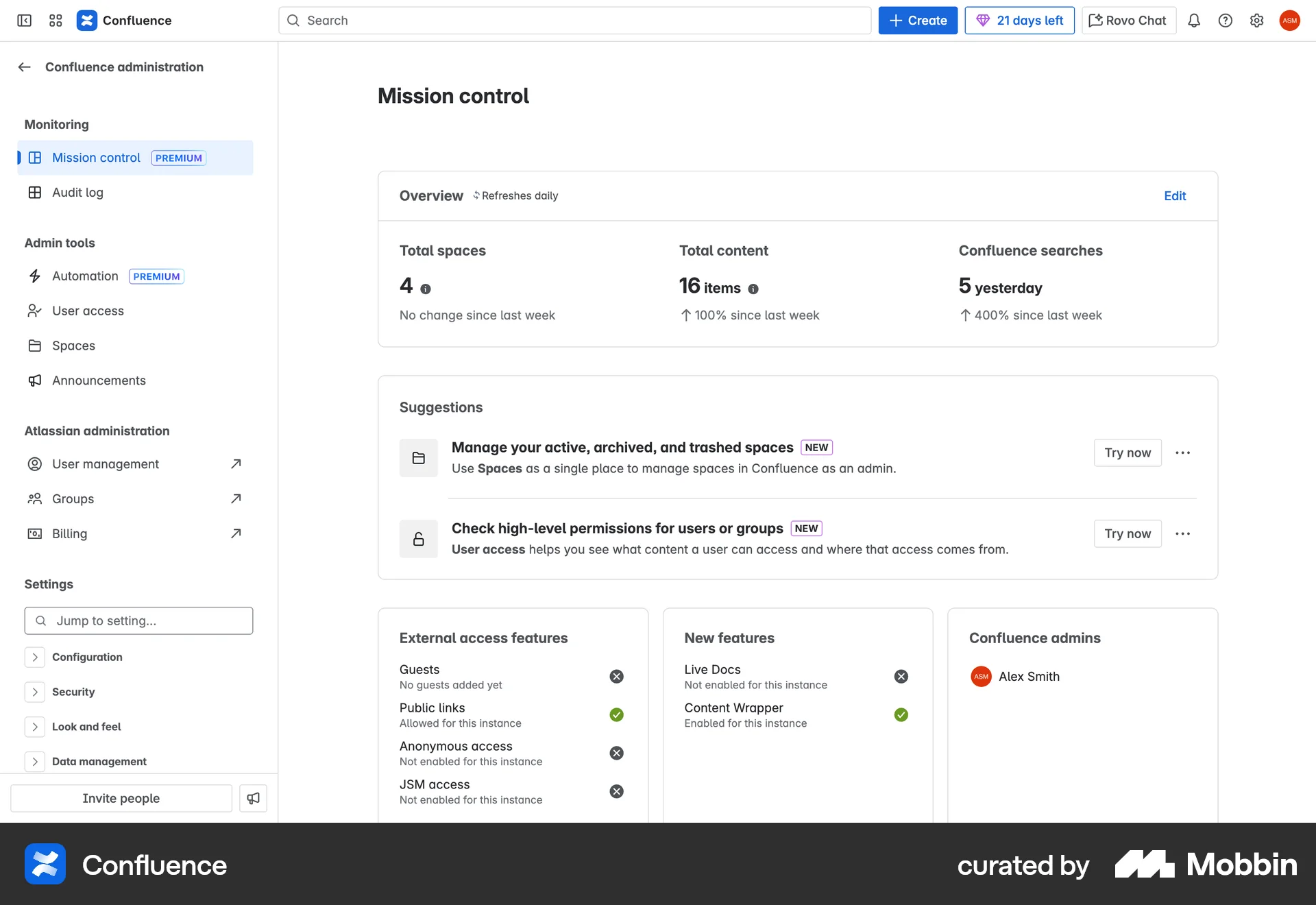 Confluence Web Admin Dashboard screen