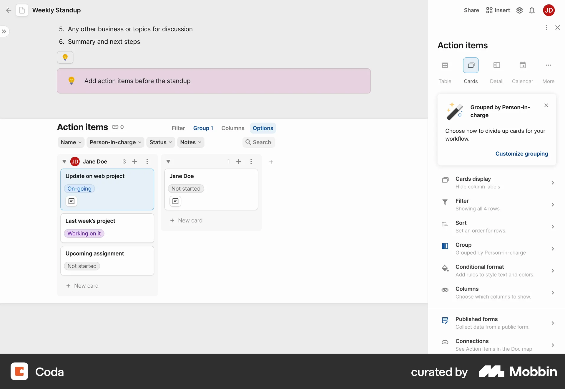 Coda Web Kanban Board screen
