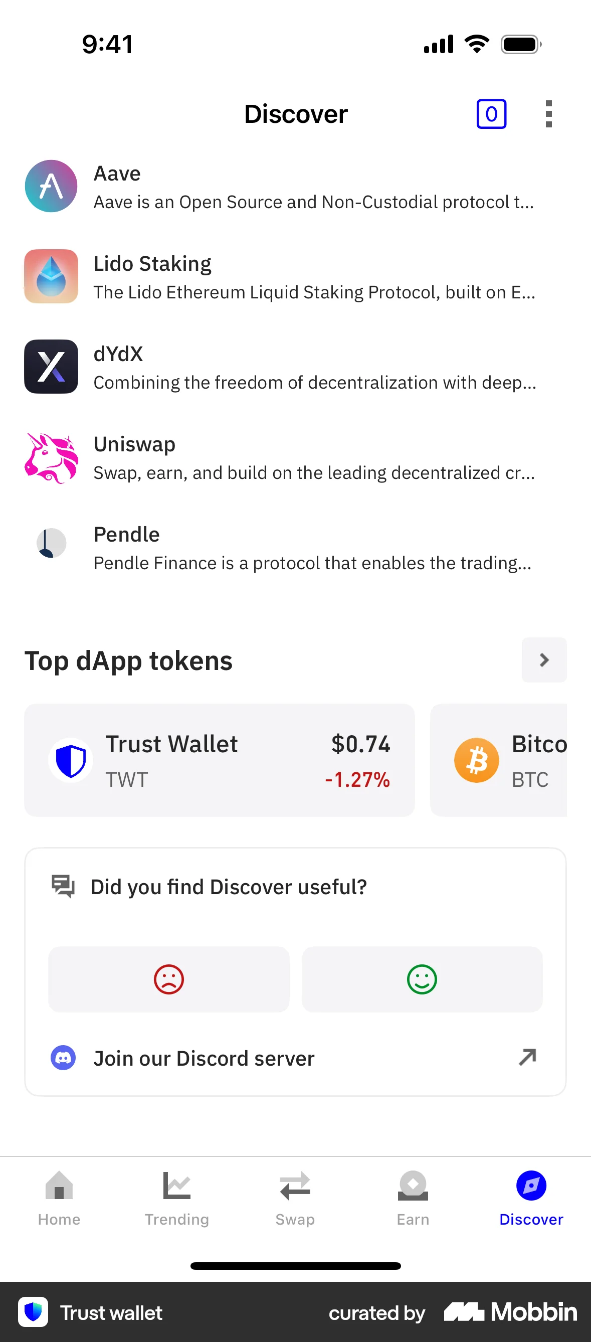 Trust Wallet iOS Feedback screen
