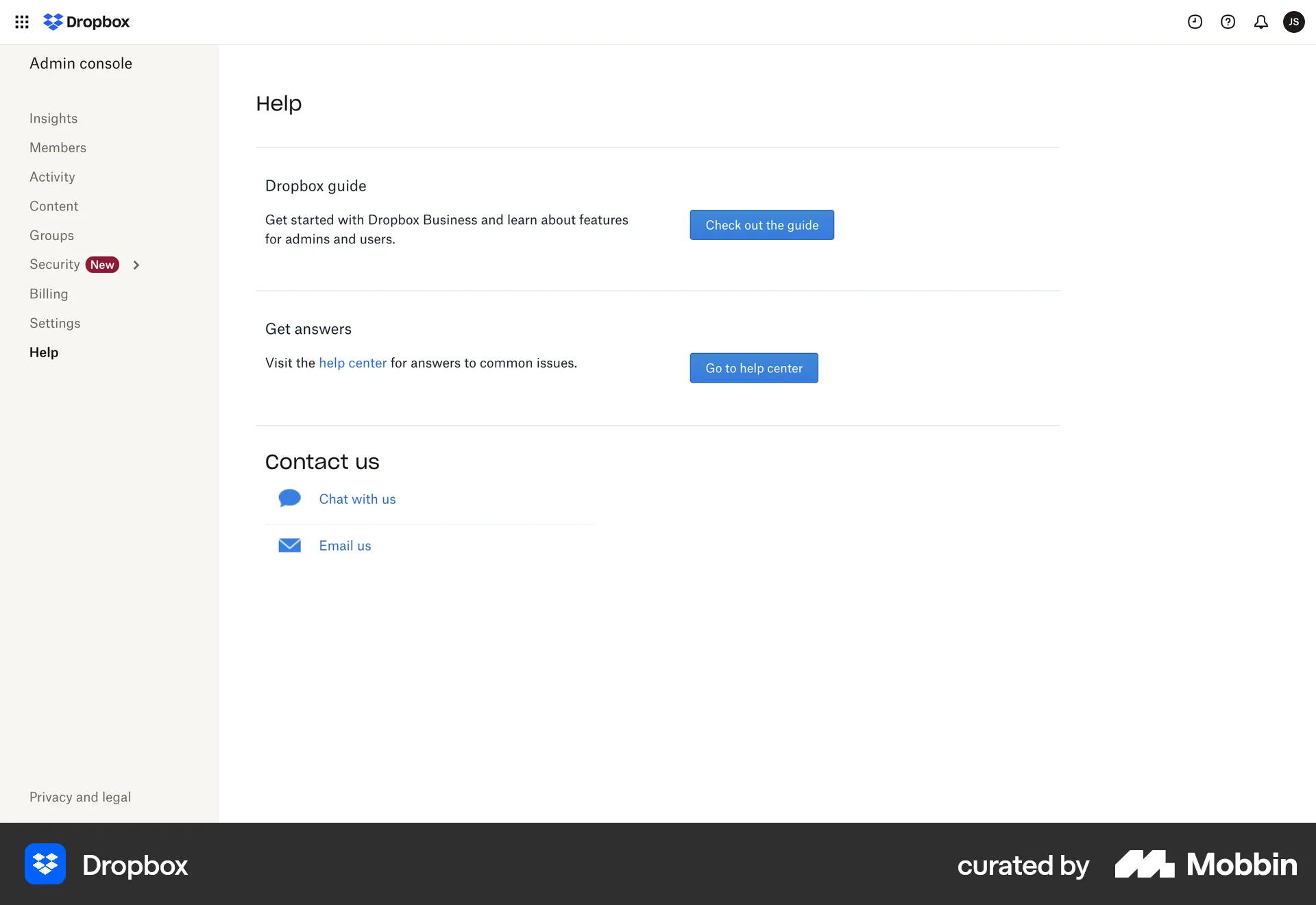 Dropbox Web Help & Support screen