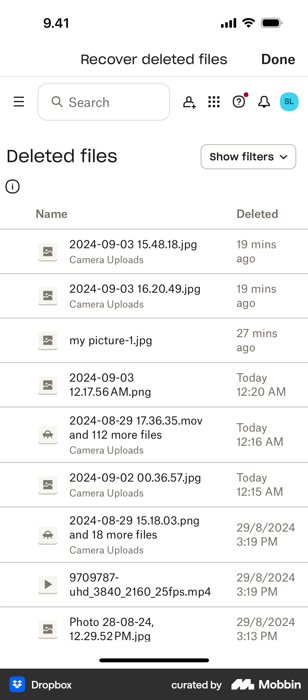 Dropbox iOS Trash & Archive screen