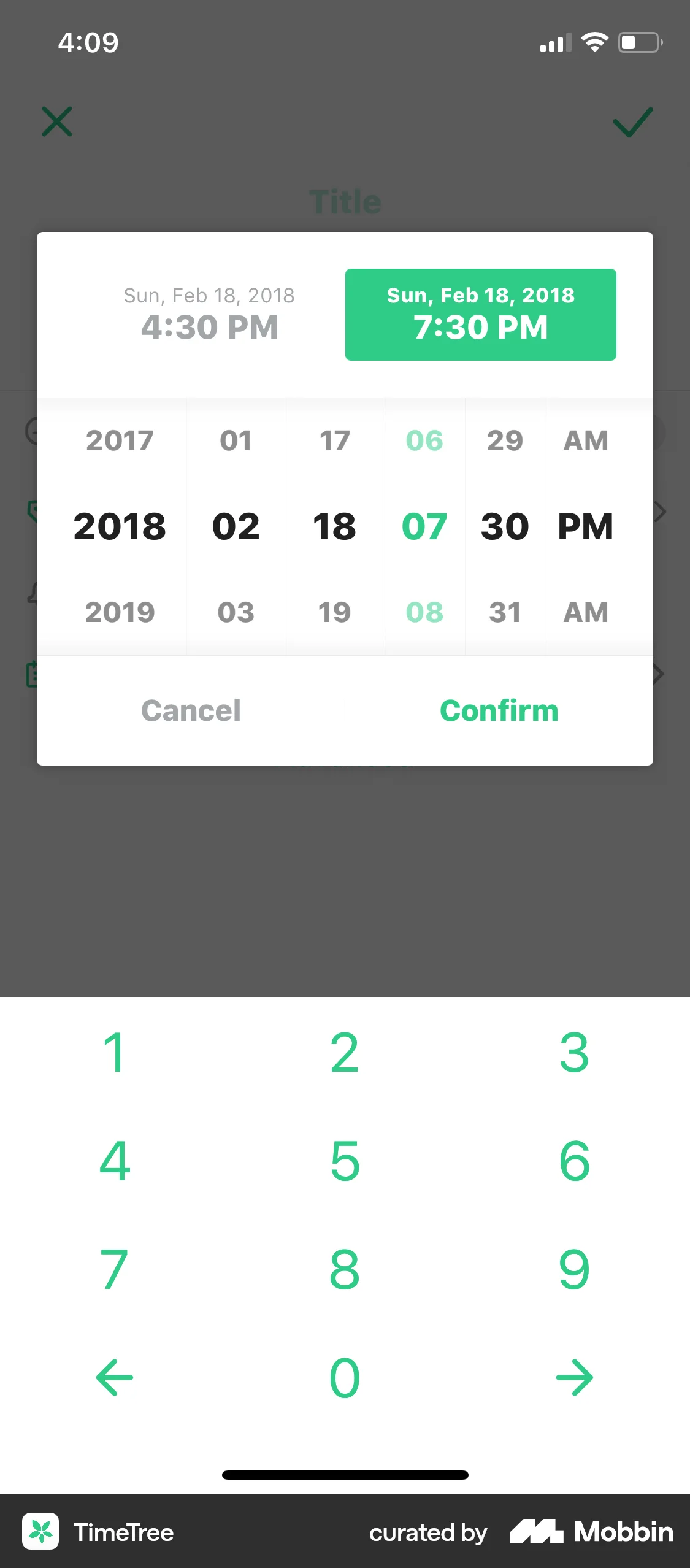 TimeTree iOS screen containing Time Picker UI element