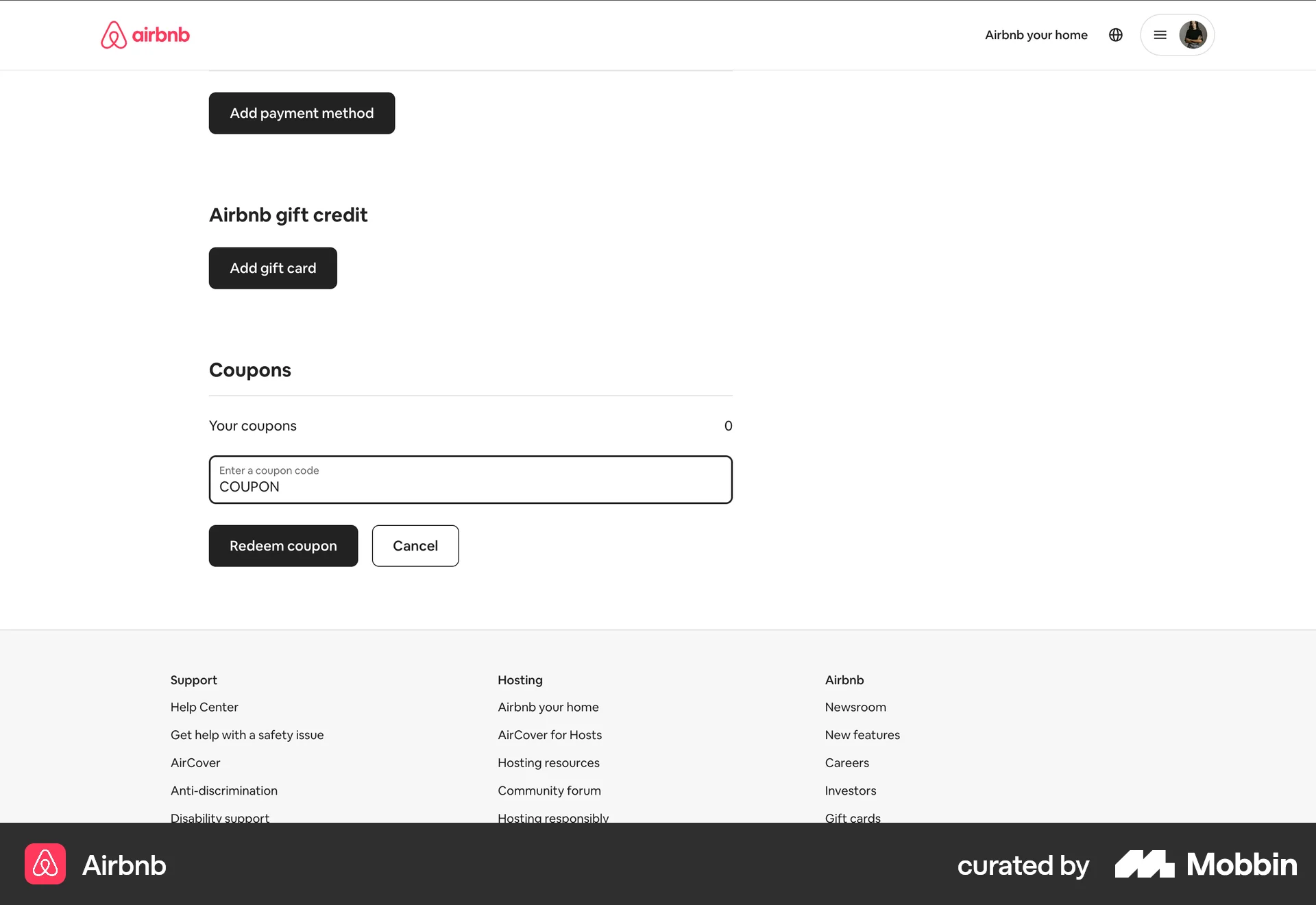 Airbnb Web Promotions & Rewards screen