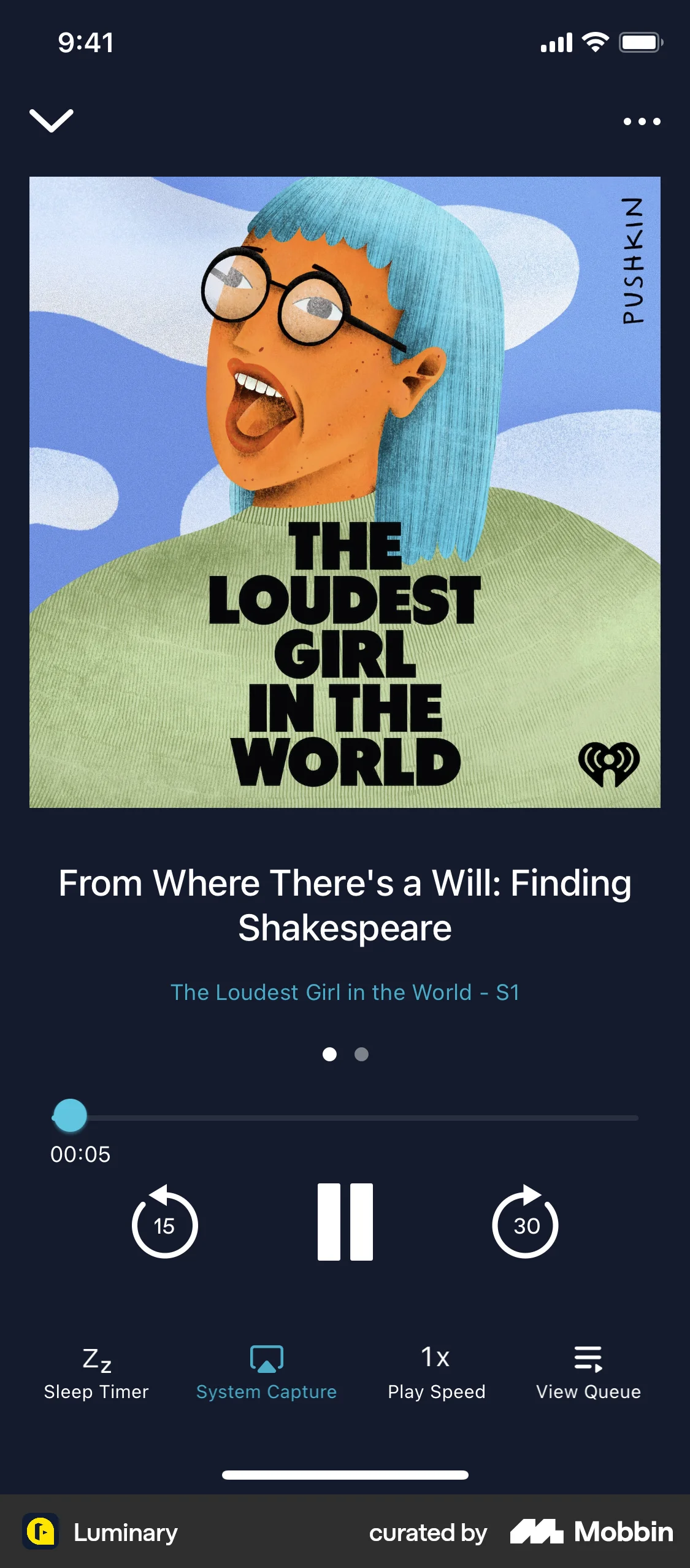Luminary iOS Audio Player screen