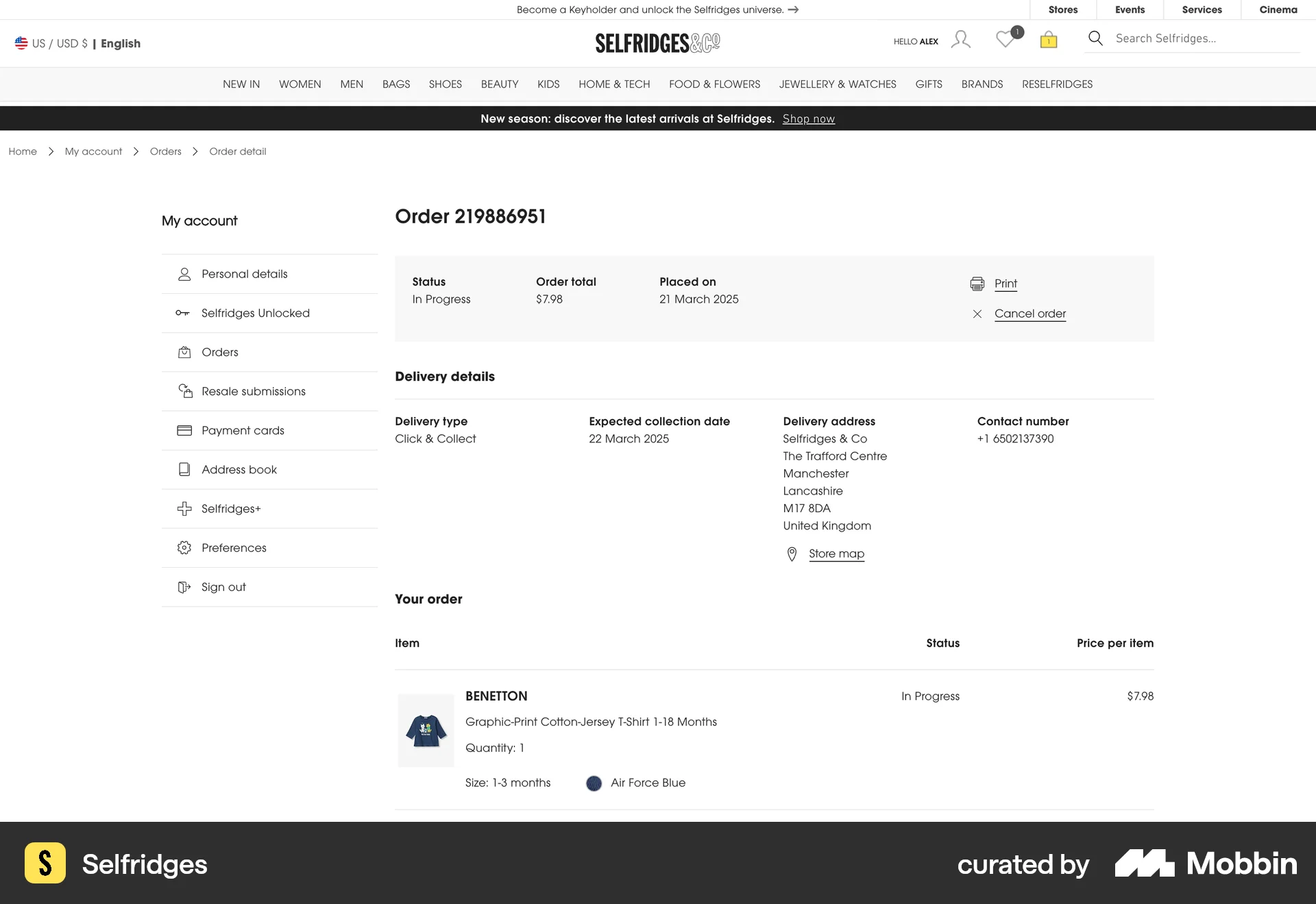 Selfridges Web Order Detail screen