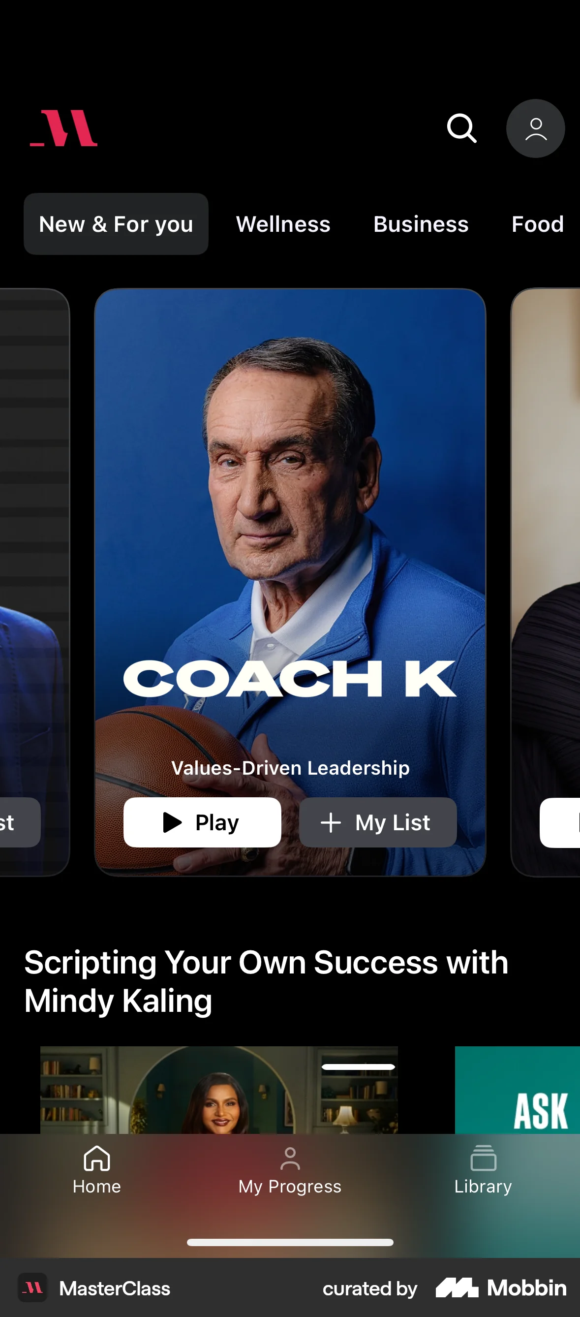 MasterClass iOS screen containing Tab UI element
