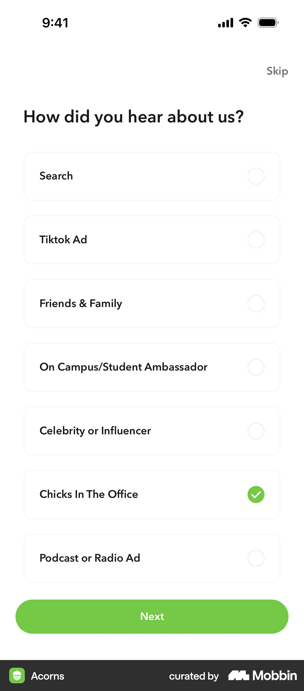 Acorns Onboarding screen