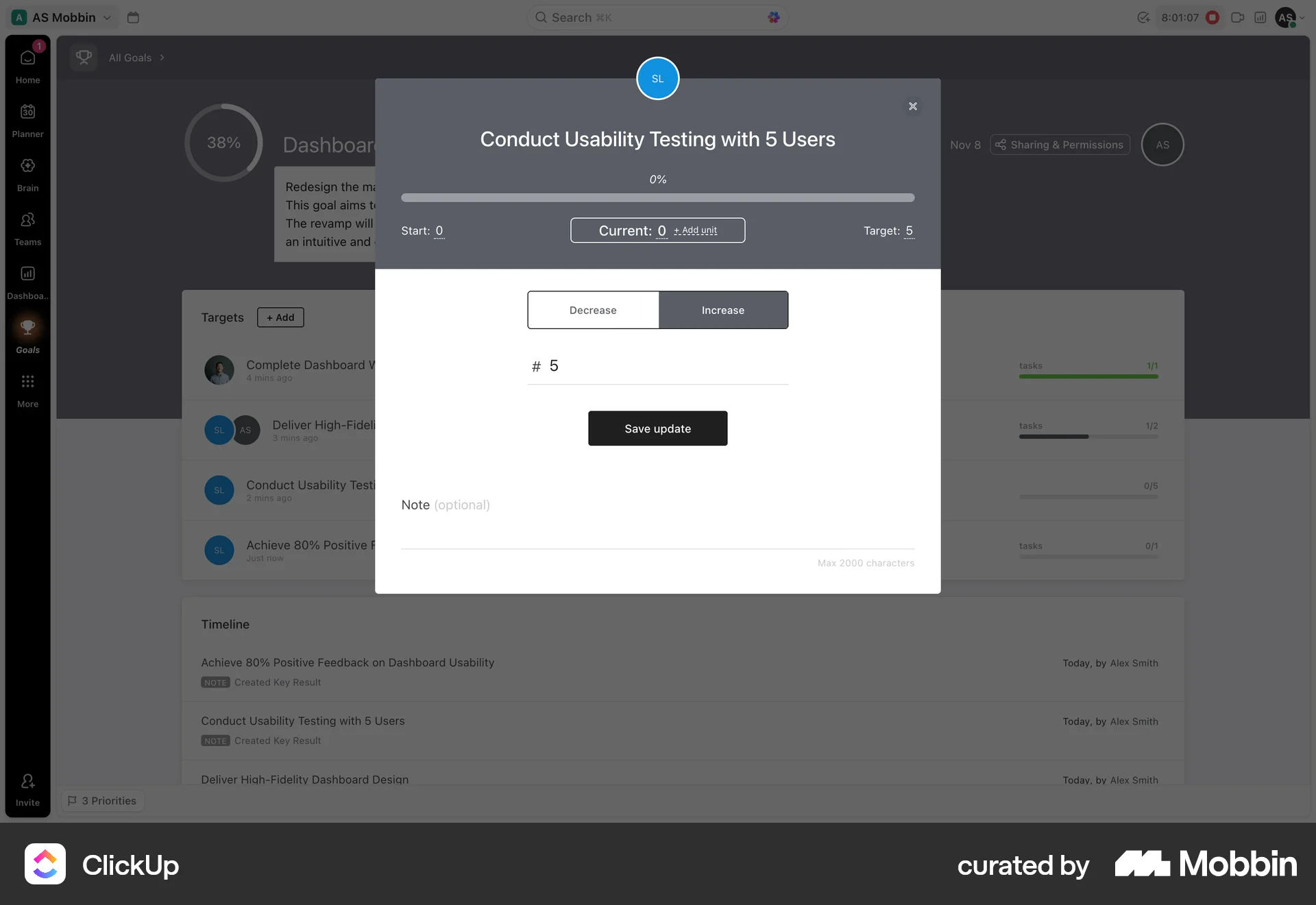 ClickUp Completing a target screen