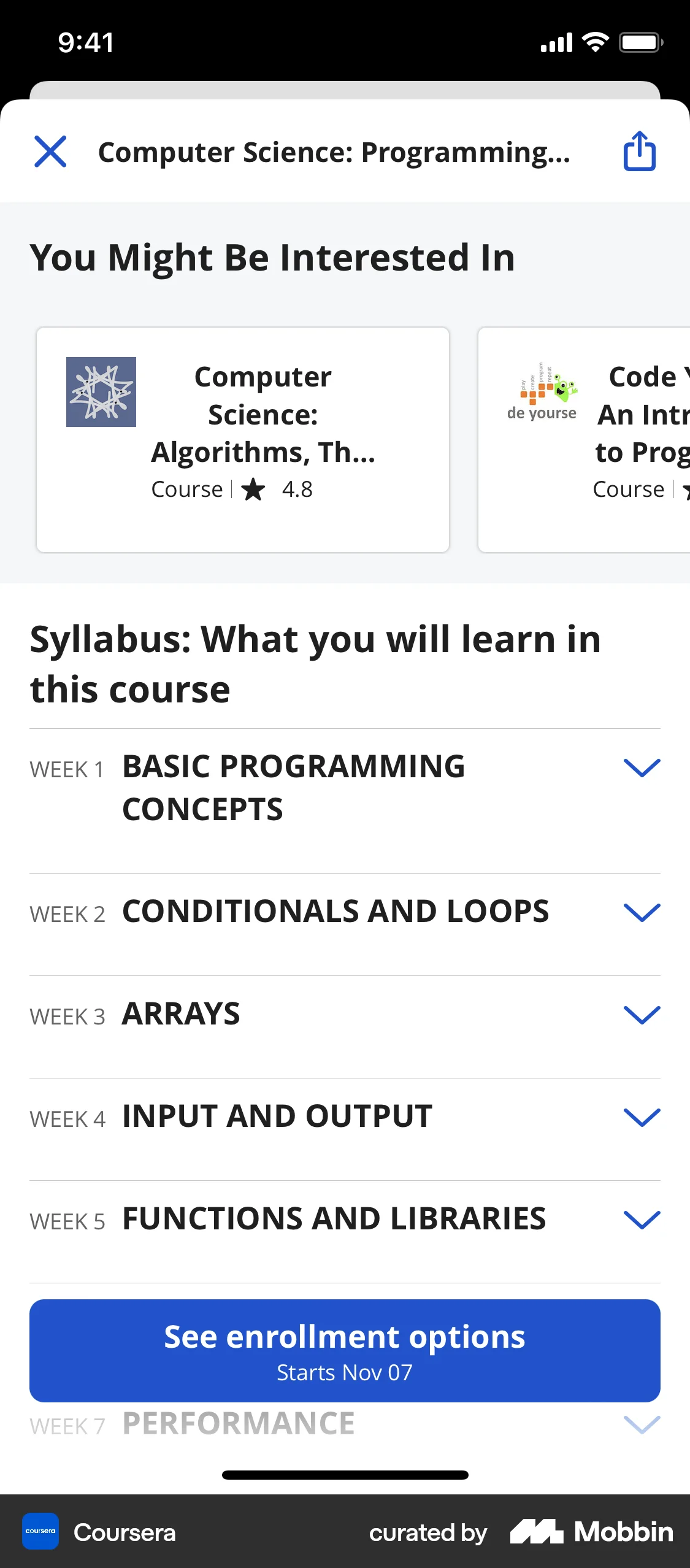 Coursera iOS Class & Lesson Detail screen