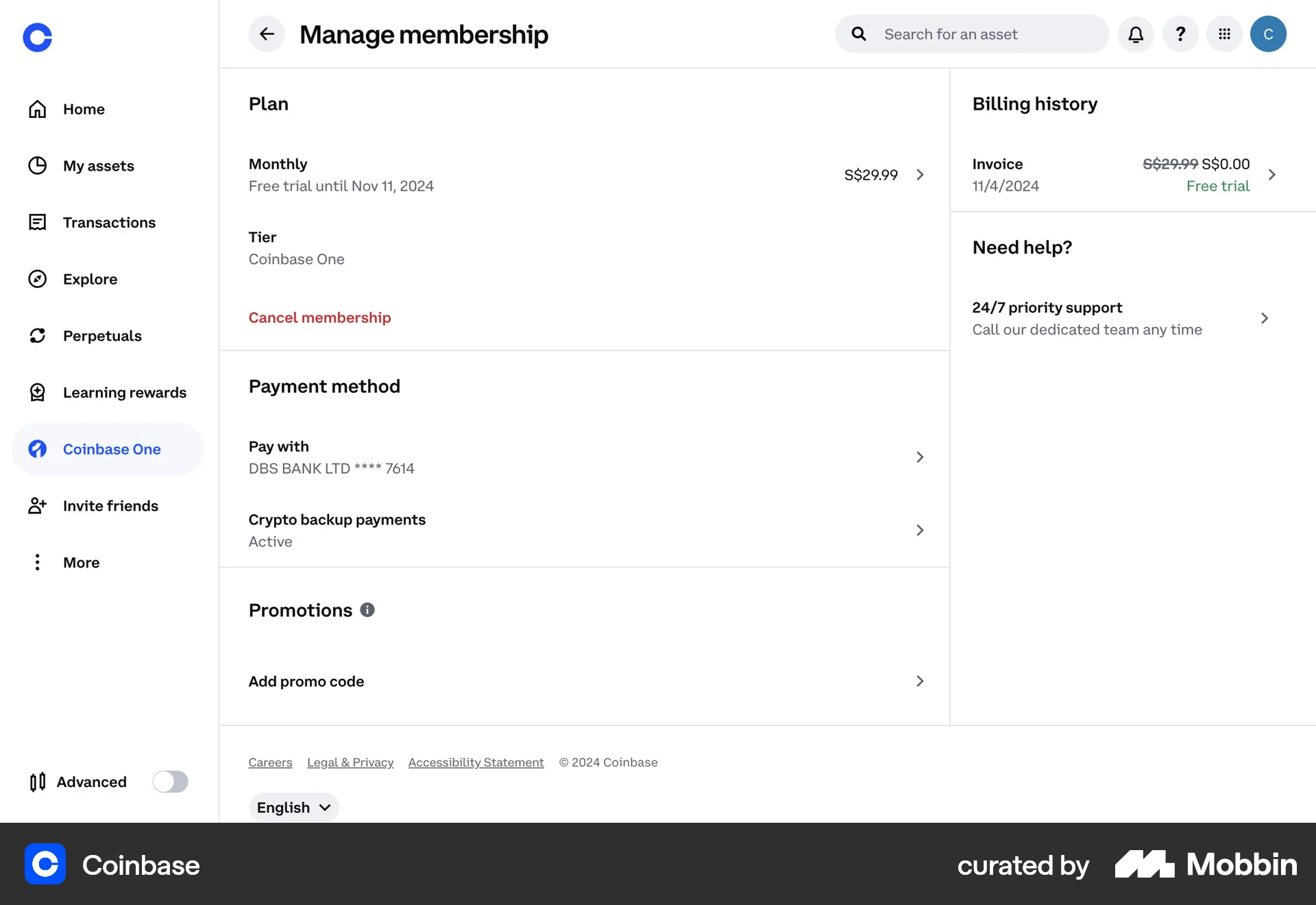Coinbase Web Order History screen