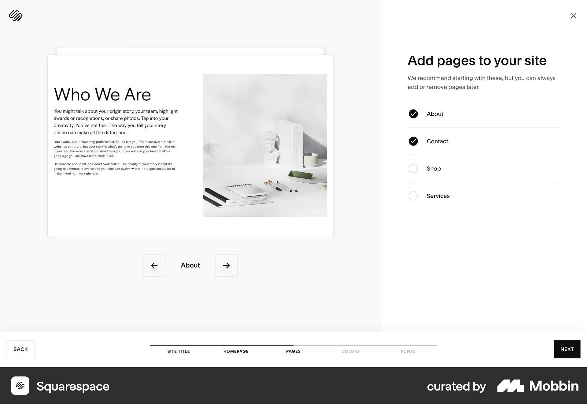 Squarespace Web screen containing Progress Indicator UI element