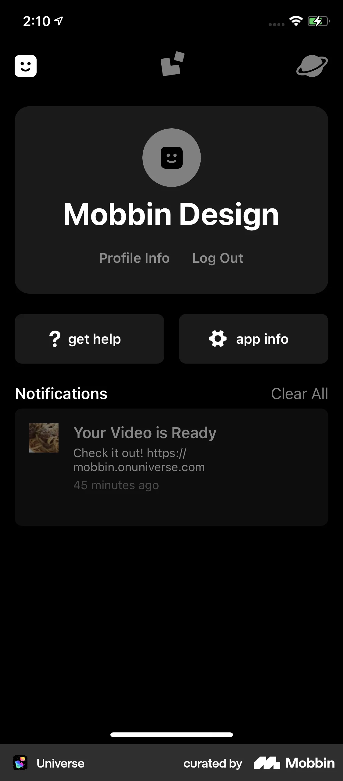 Universe iOS Notifications screen