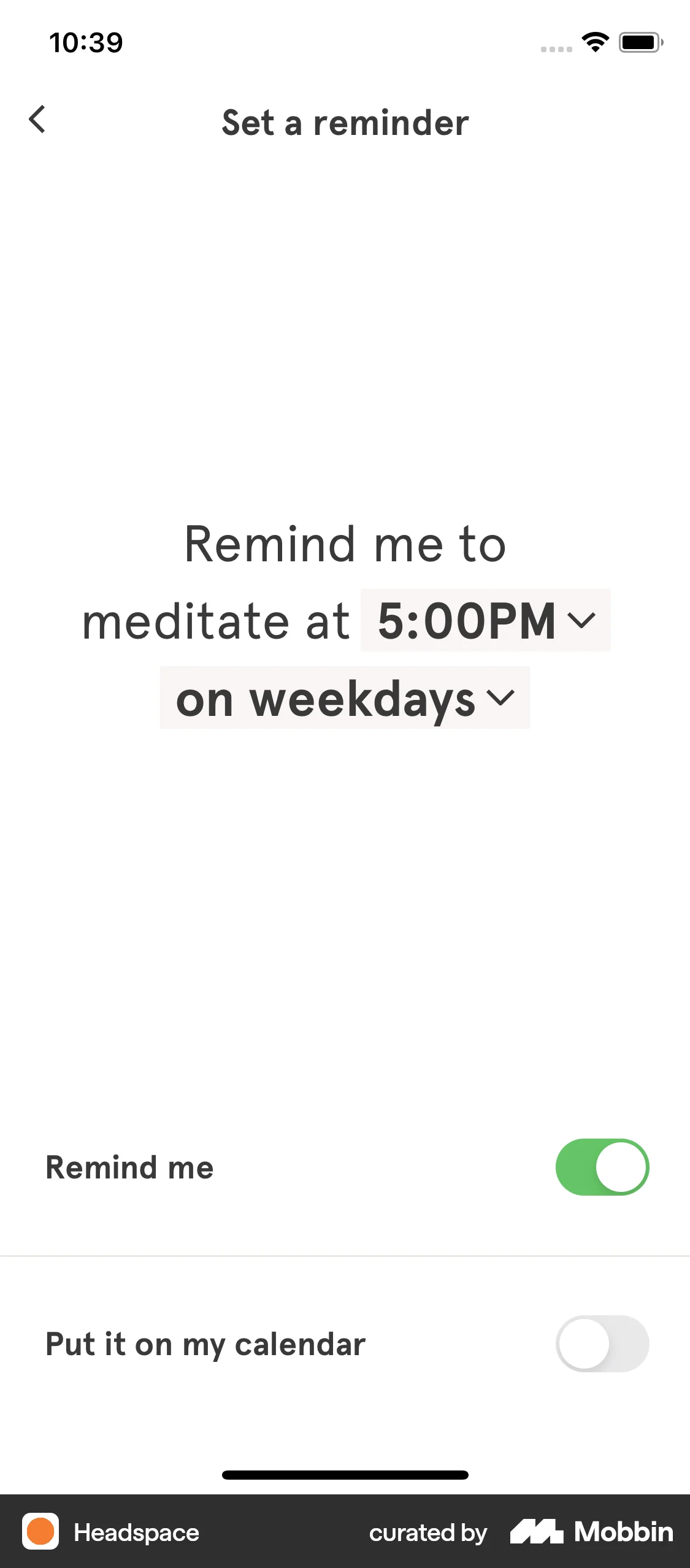 Headspace iOS Reminder screen