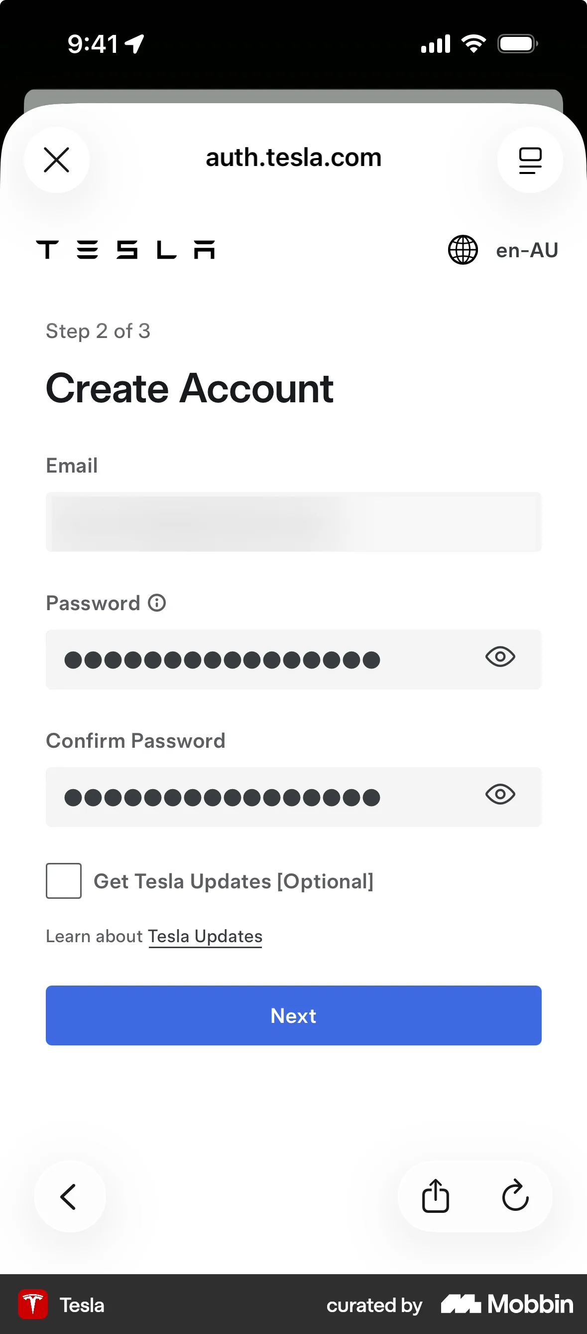 Tesla Onboarding screen