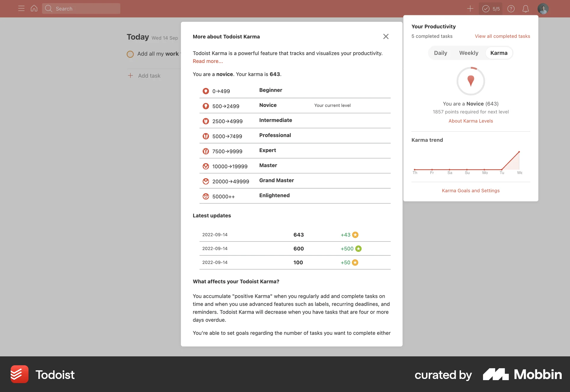 Todoist Web Achievements & Awards screen
