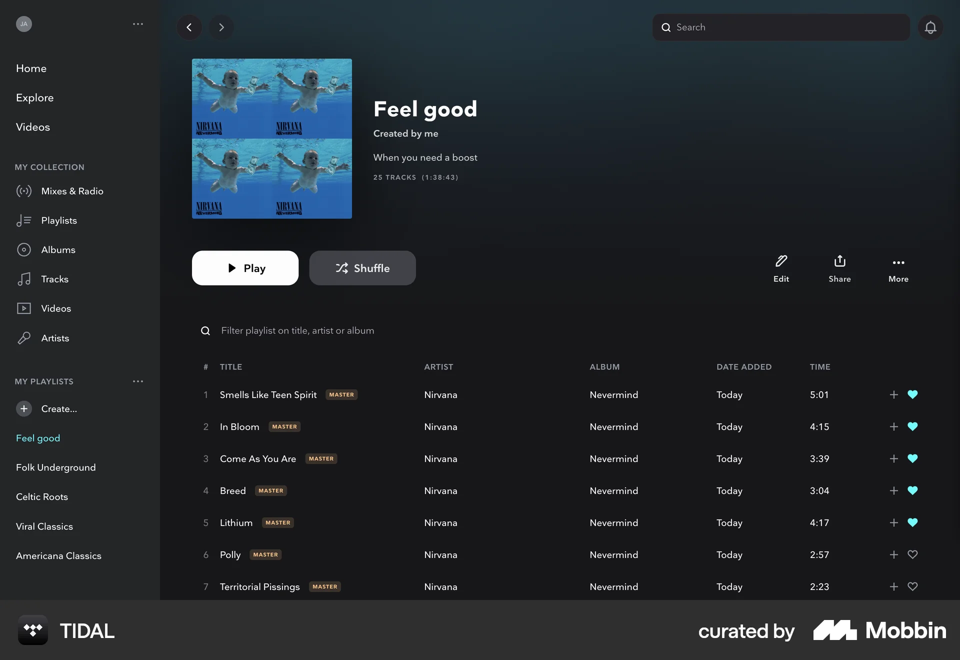 TIDAL Web Playlists screen