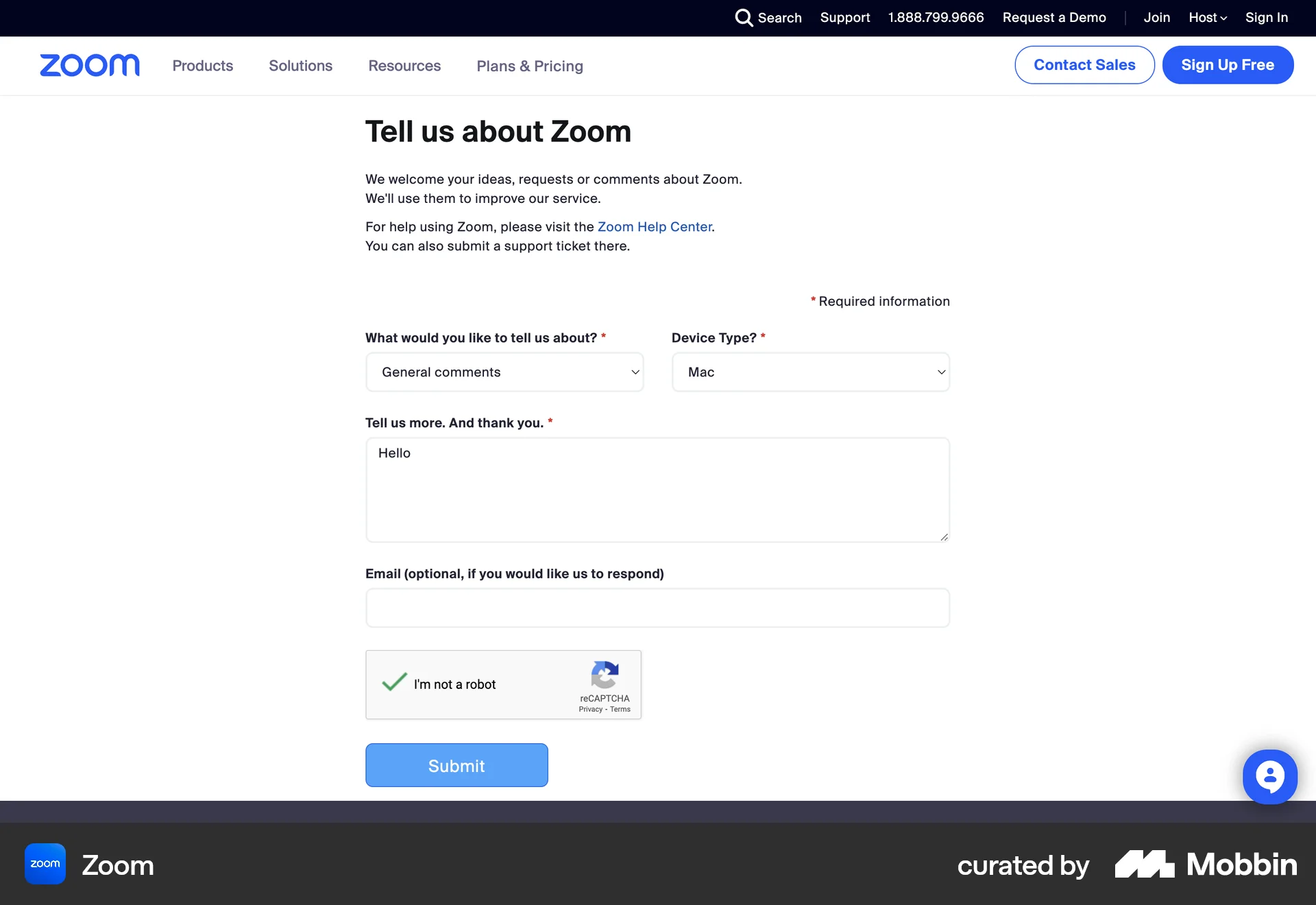 Zoom Web Feedback screen
