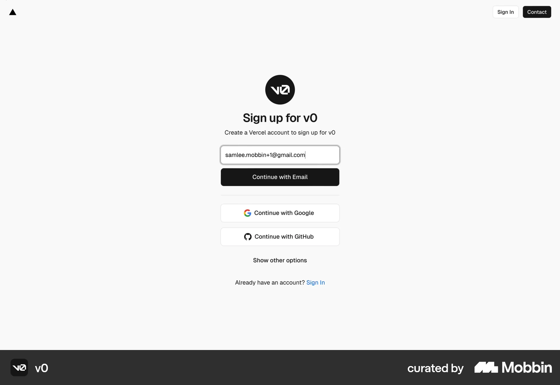 v0 Web Signup screen
