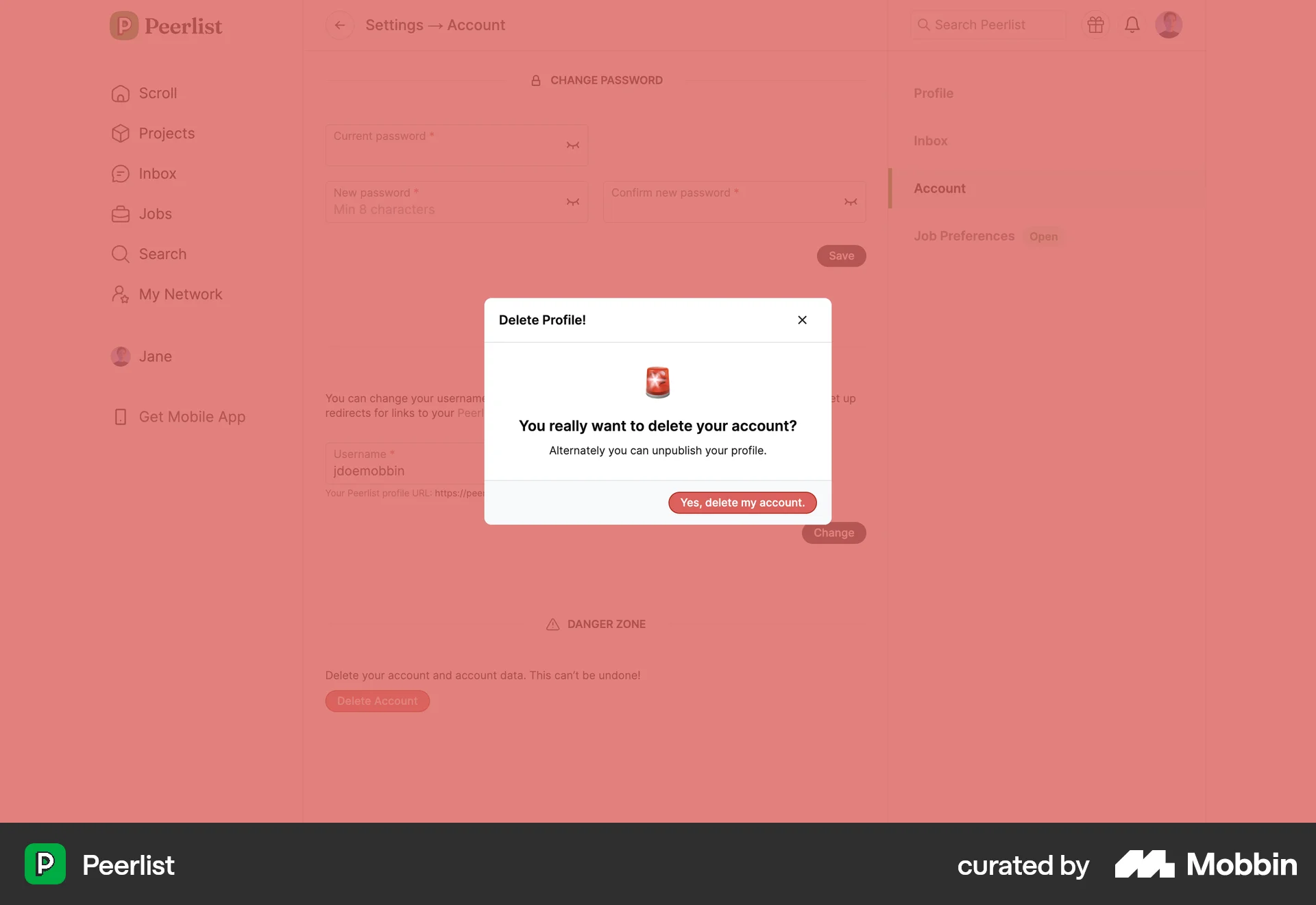 Peerlist Web Delete & Deactivate Account screen