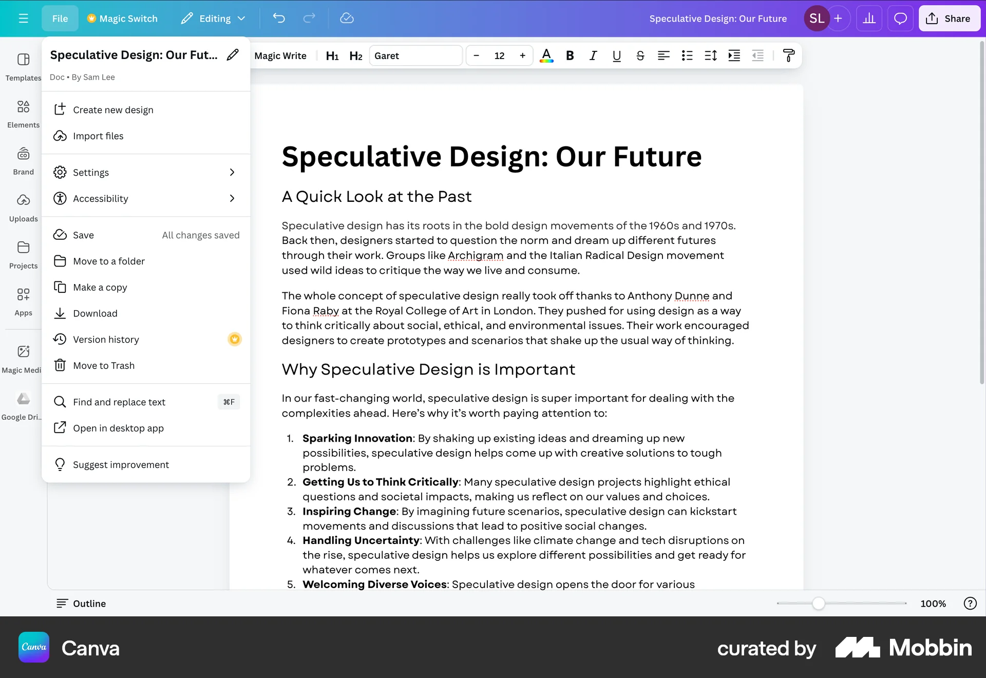 Canva Web screen containing Dropdown Menu UI element