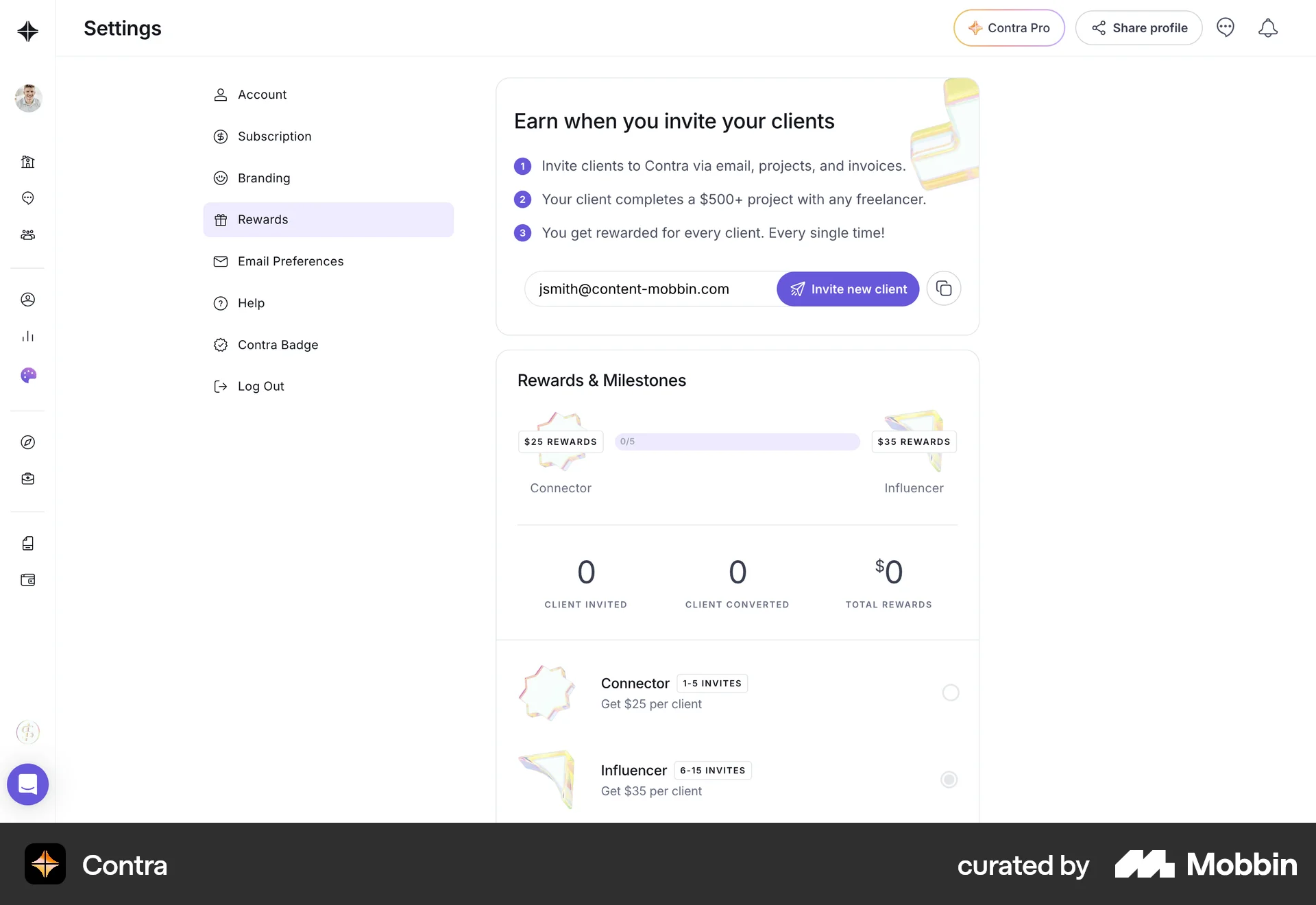 Contra Web Invite & Refer Friends screen