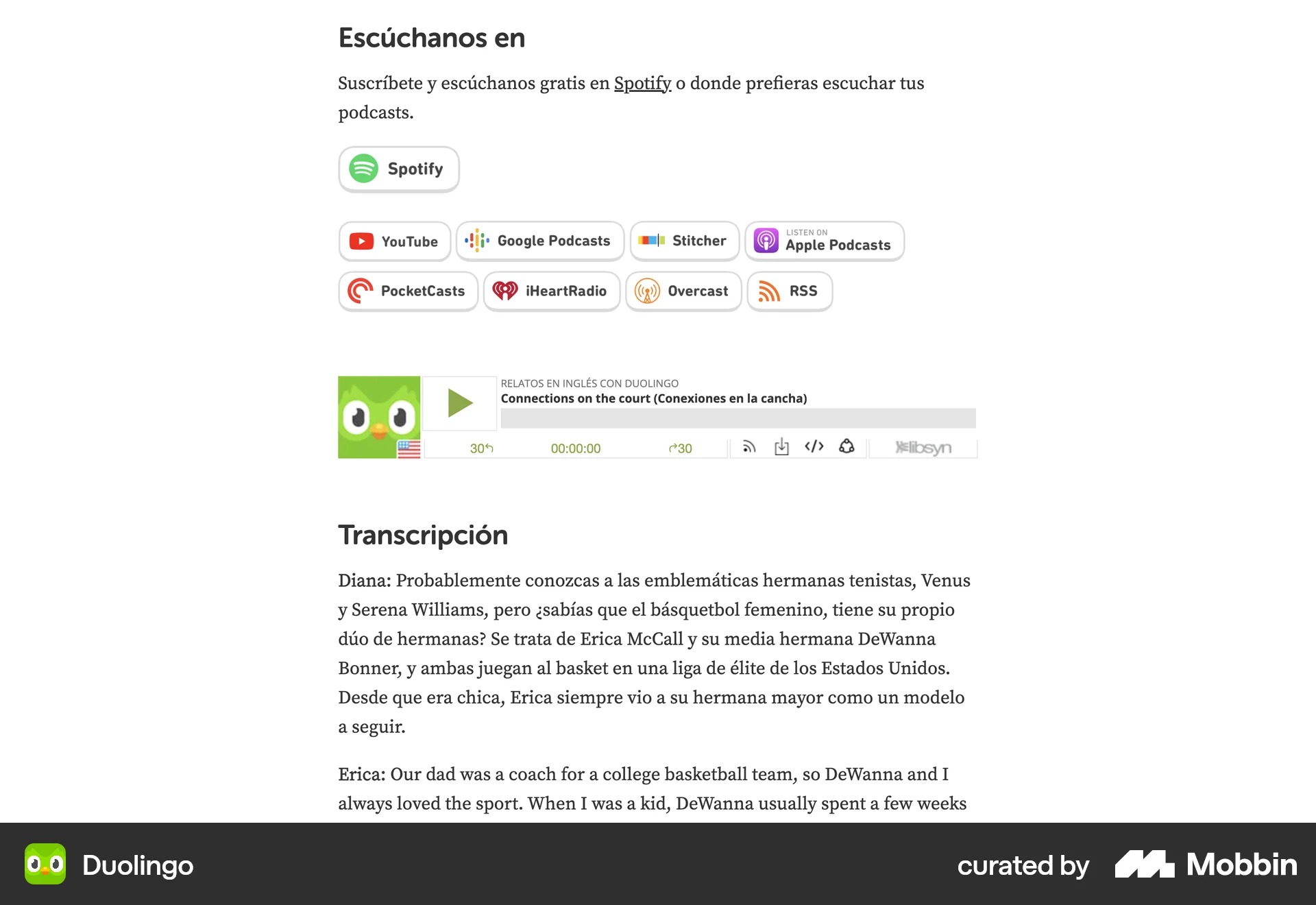Duolingo Web Song & Podcast Detail screen