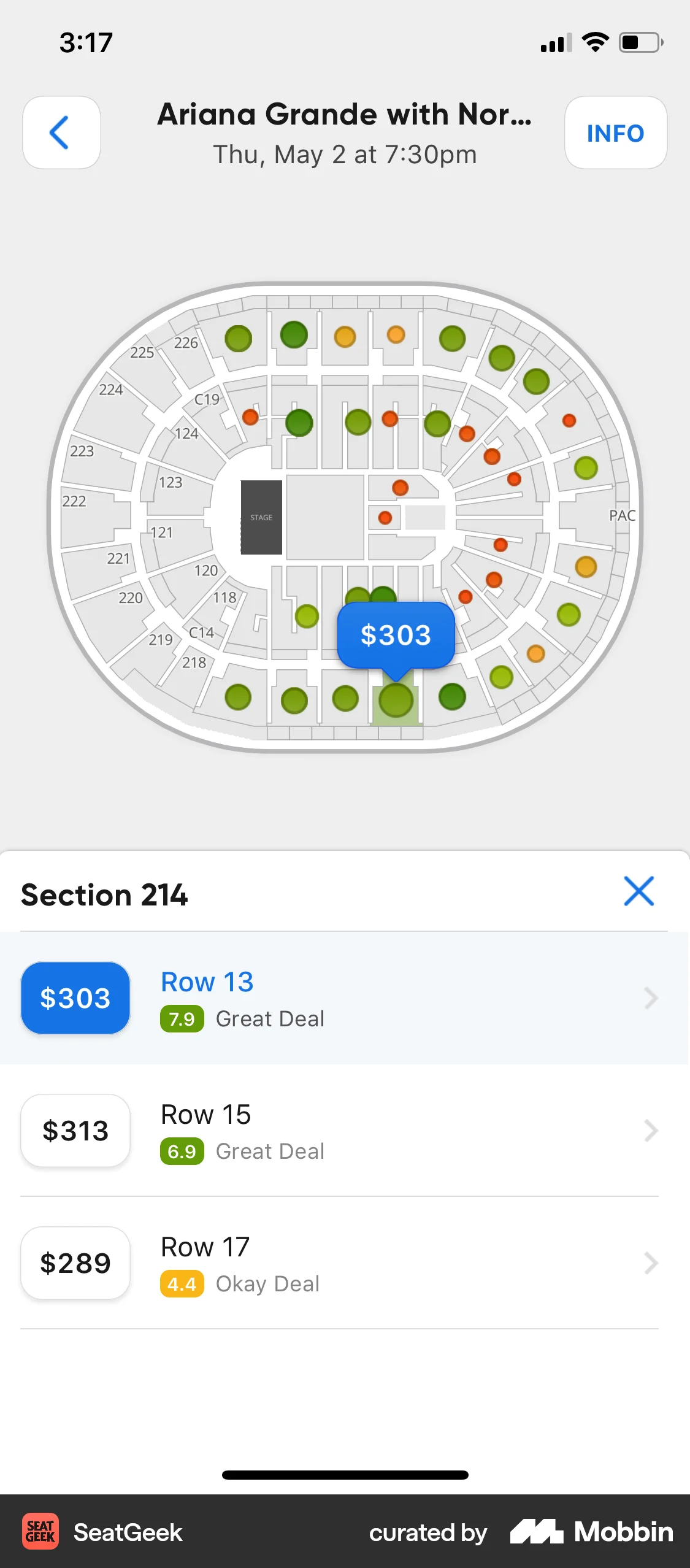 SeatGeek iOS screen containing Tooltip UI element