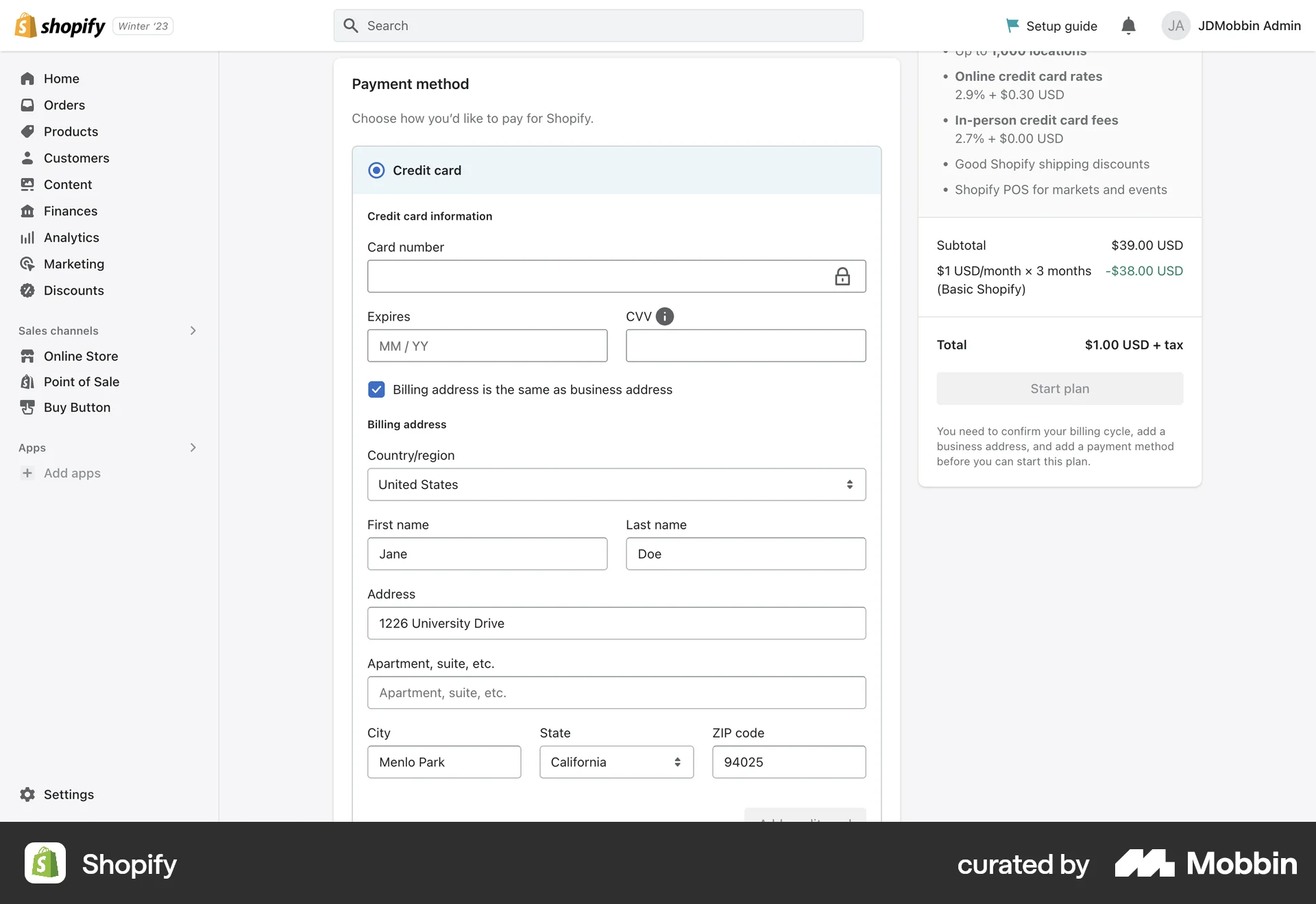Shopify Web Payment Method screen