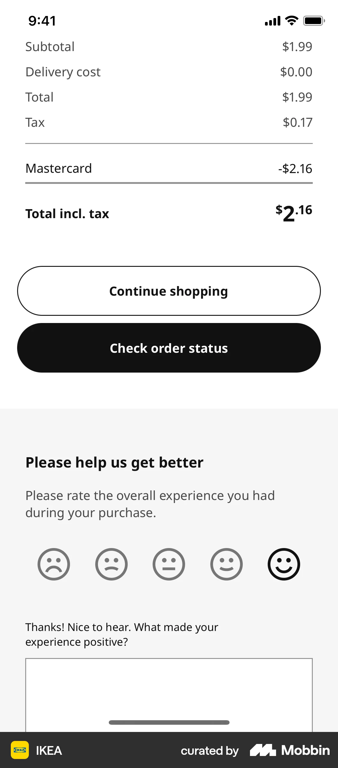 IKEA iOS Feedback screen