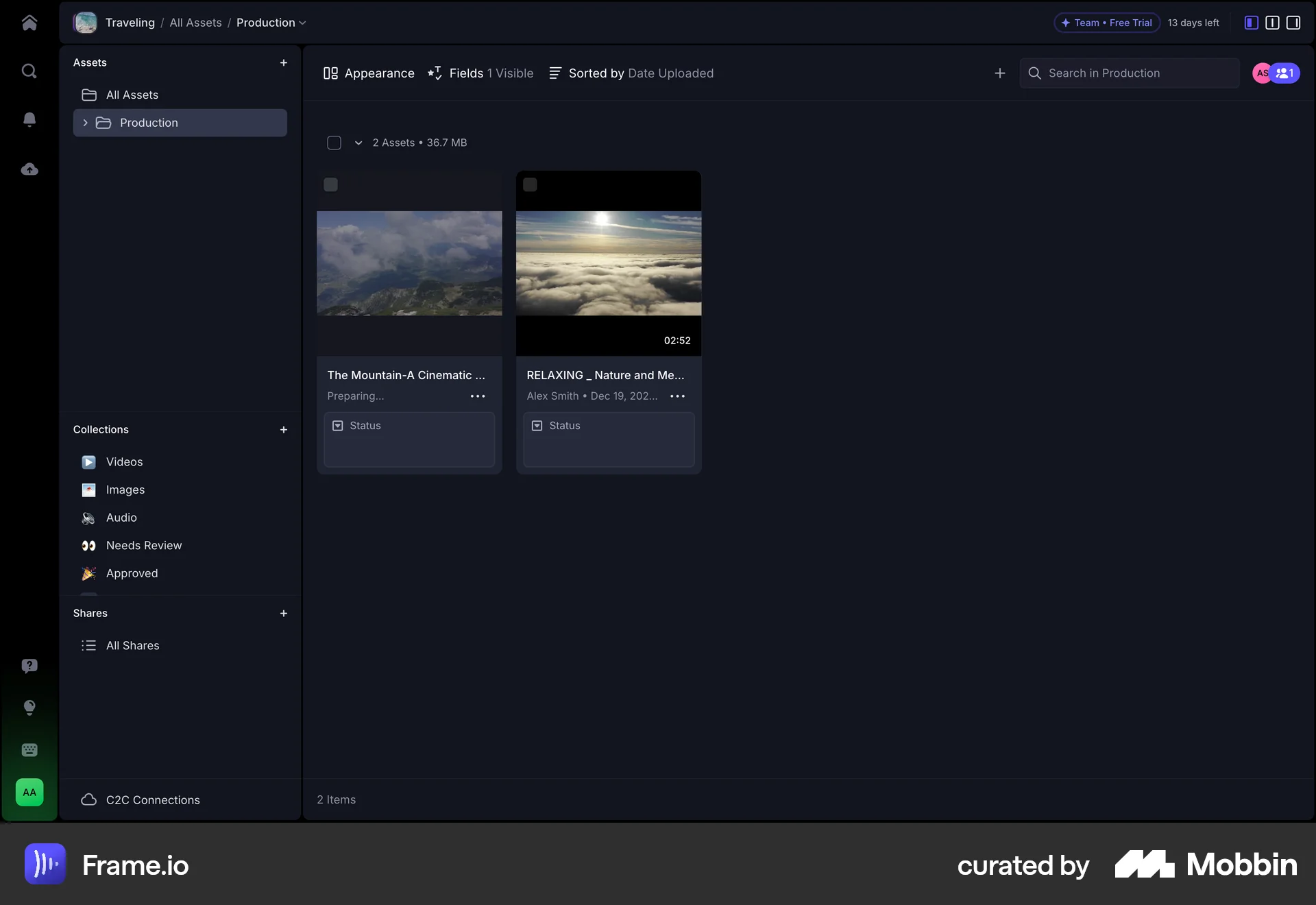 Frame.io Web screen containing Breadcrumbs UI element