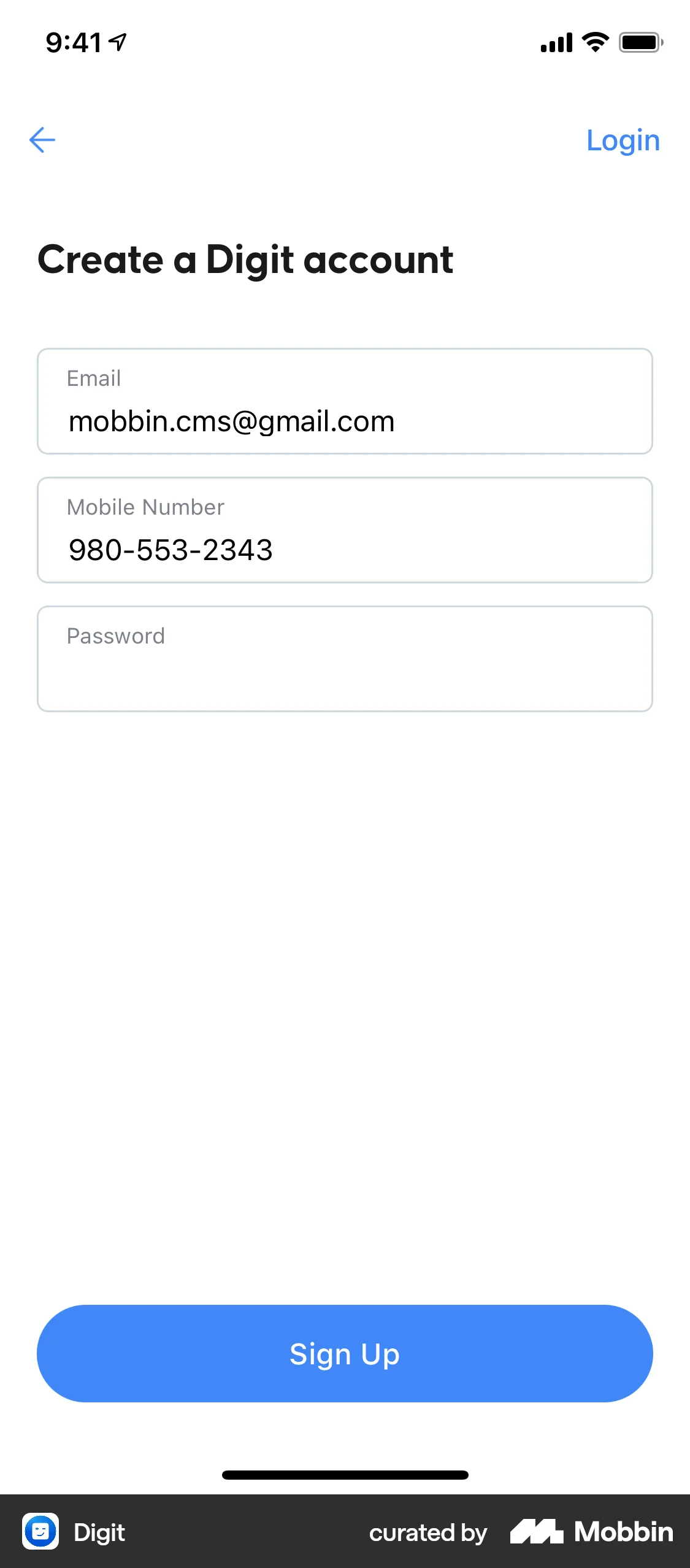 Digit iOS Signup form | Mobbin