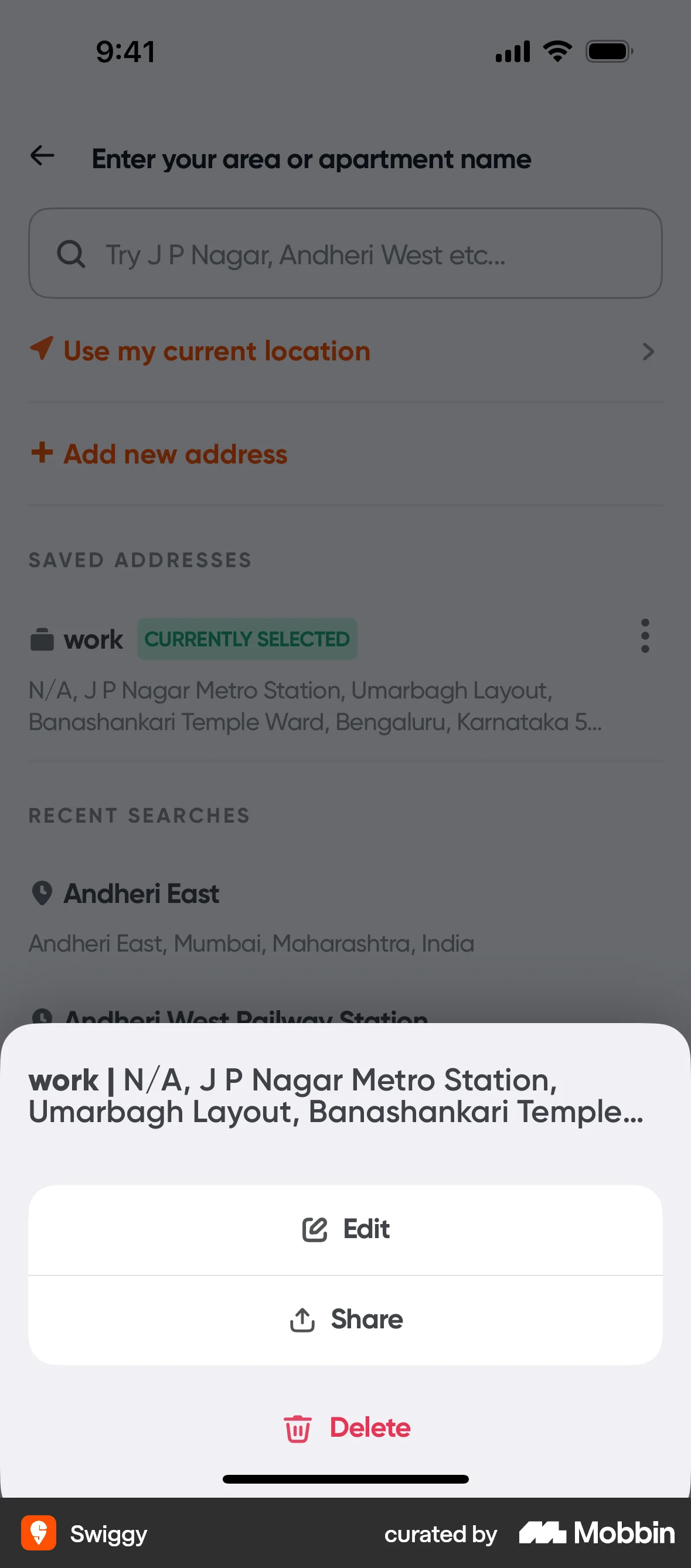 Swiggy iOS Action Option screen