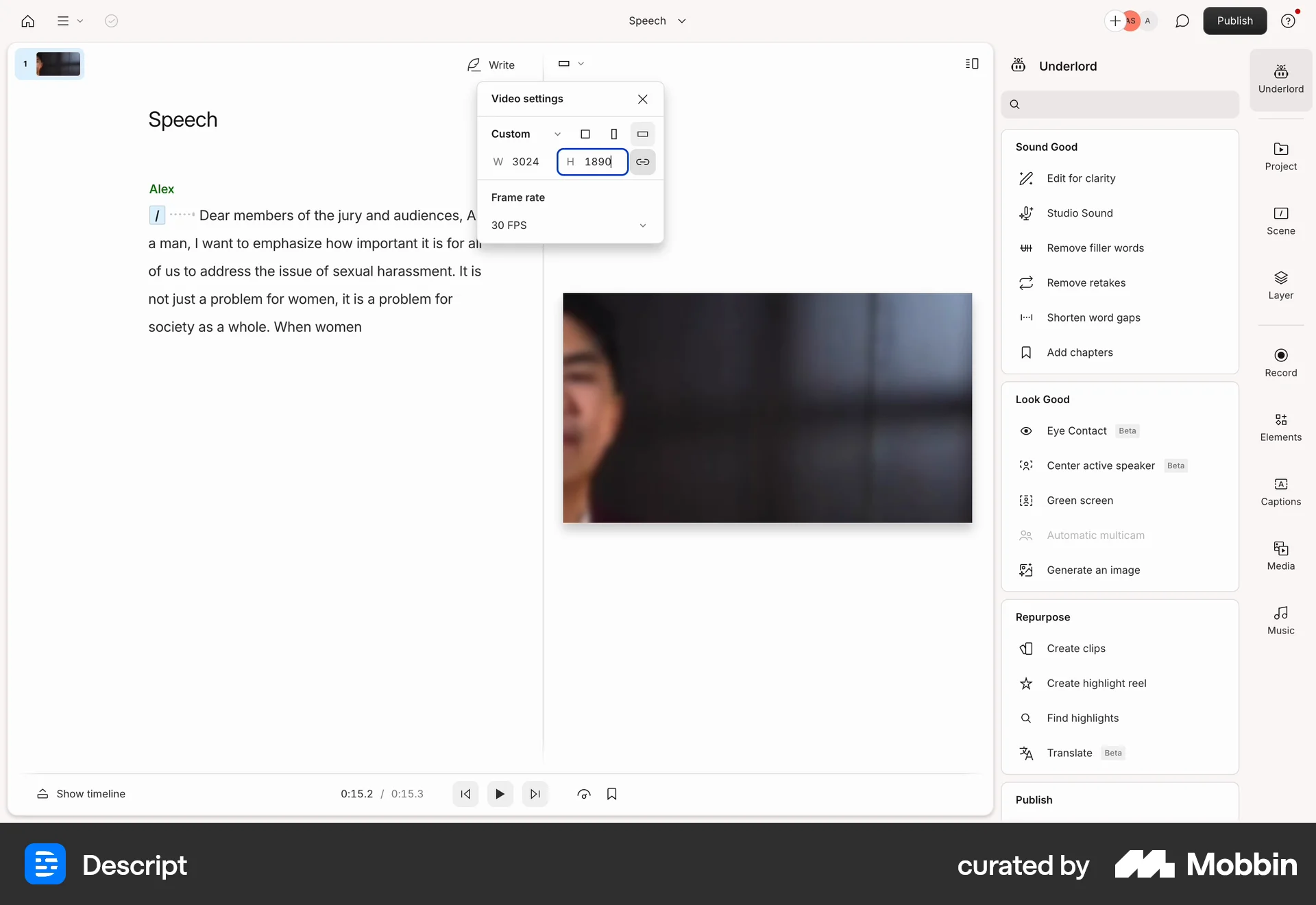 Descript Web screen containing Segmented Control UI element