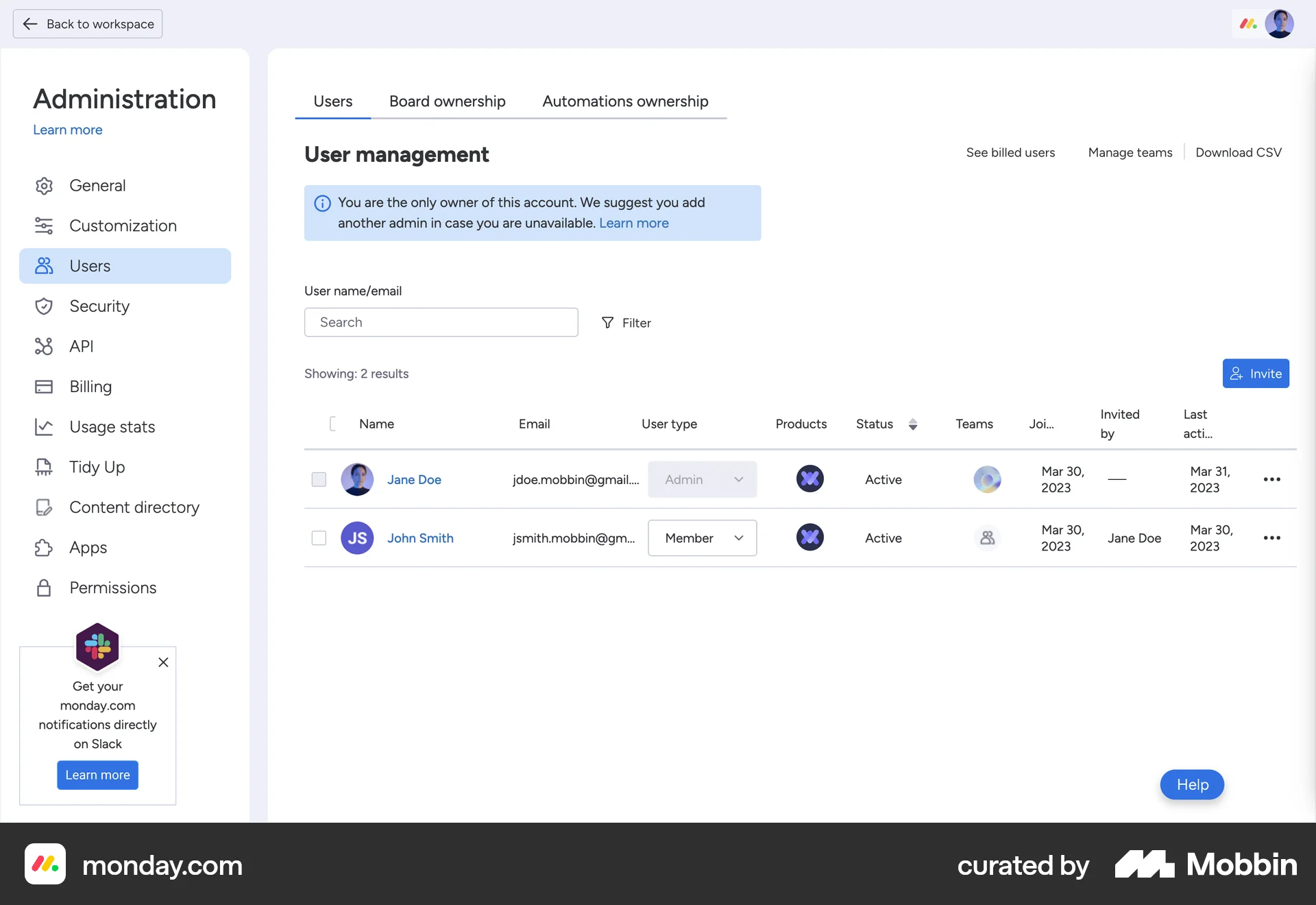 monday.com Web Admin UI screen