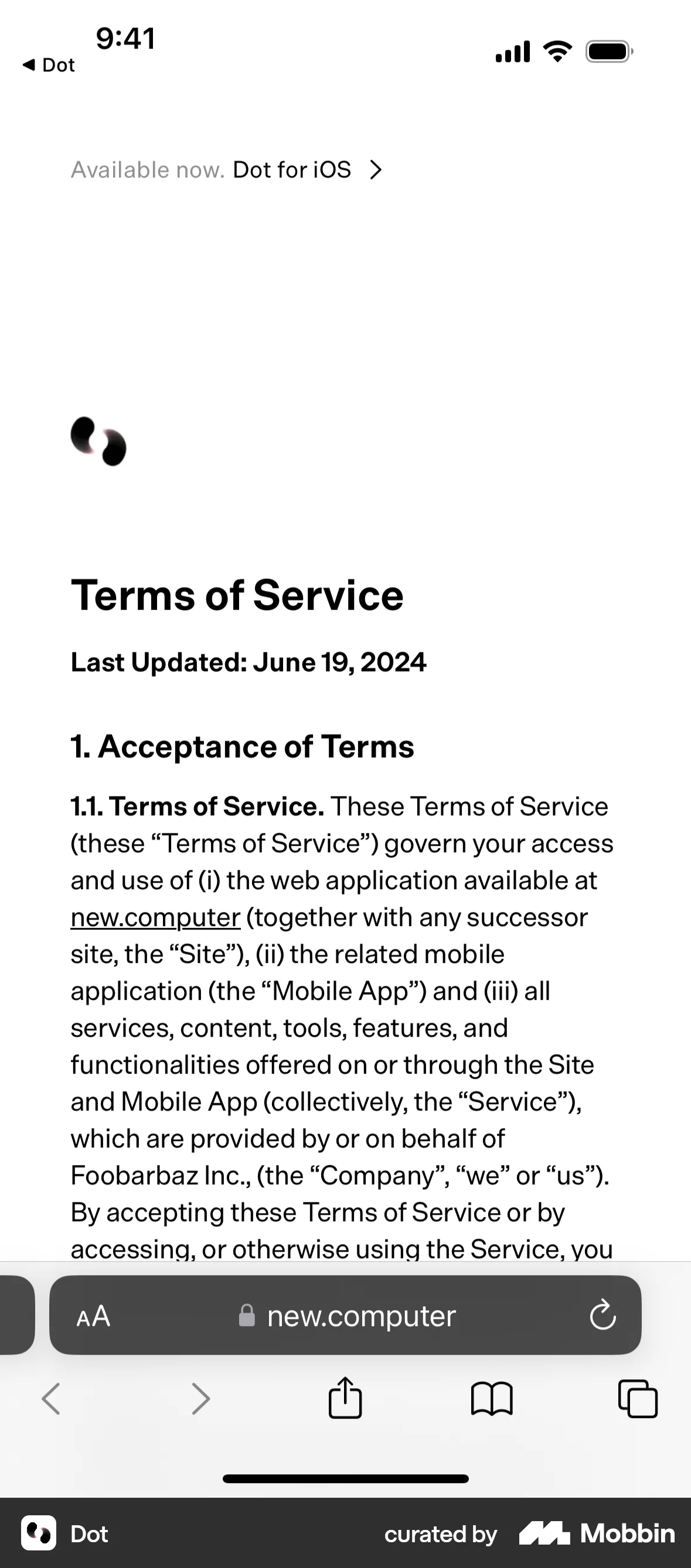Dot iOS Terms & Conditions screen